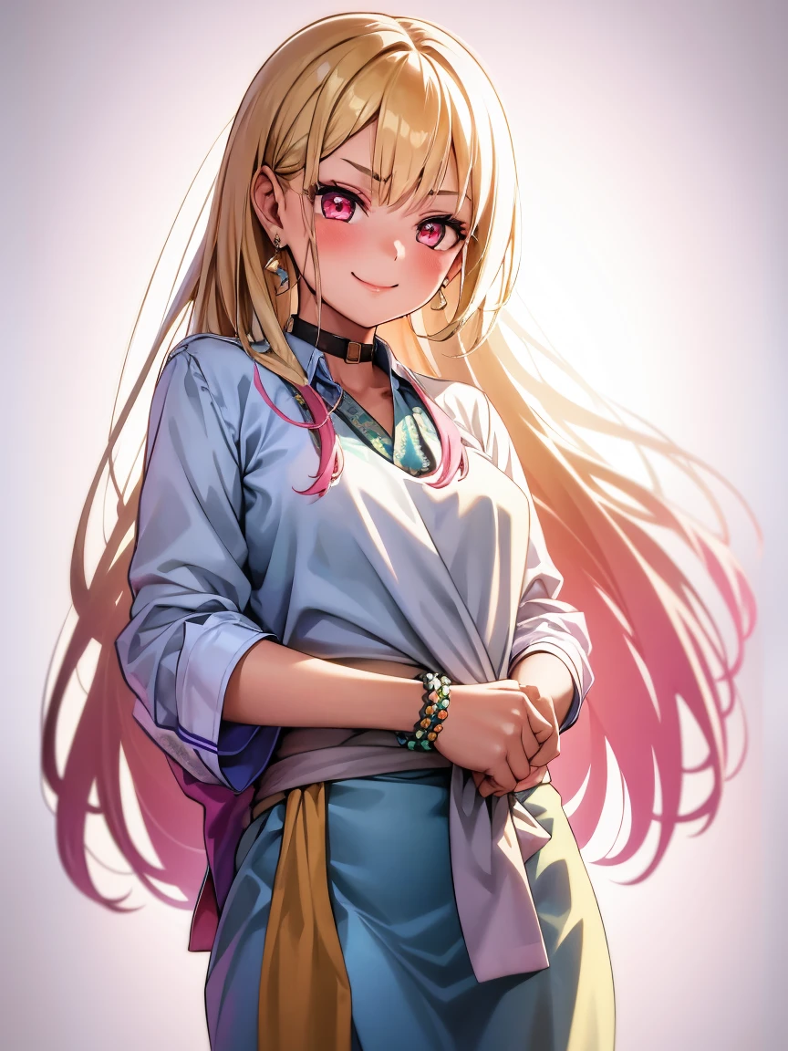 Generate an image of a girl wearing a cute Indian saree, in 8k resolution and with a detailed quality and a realistic level of representation. The girl should be depicted in a natural and casual pose, with a smile on her face and her hair styled in a playful and cute way. The saree should be depicted in a bright and colorful pattern, with the colors and design creating a vibrant and eye-catching contrast against the girl's skin. The image should be highly detailed, with every texture and detail of the saree and the girl's skin visible. Use a style that reminiscent of traditional Indian art and incorporate elements of naturalism and realism into the image to create a highly detailed and realistic representation of a cute and charming Indian girl wearing a saree.
