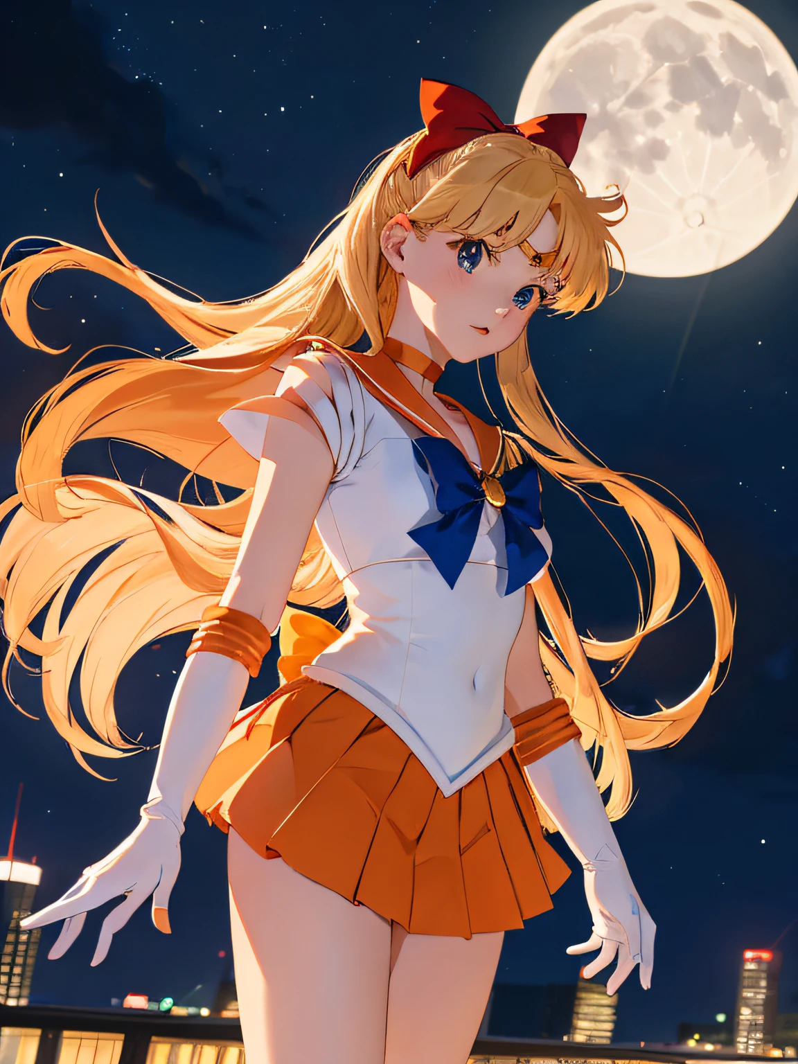 masterpiece, best quality, highres, sv1, sailor senshi uniform, orange skirt, elbow gloves, tiara, pleated skirt, miniskirt, red bow, orange choker, white gloves, jewelry, city, night, moon, cowboy shot, standing,
