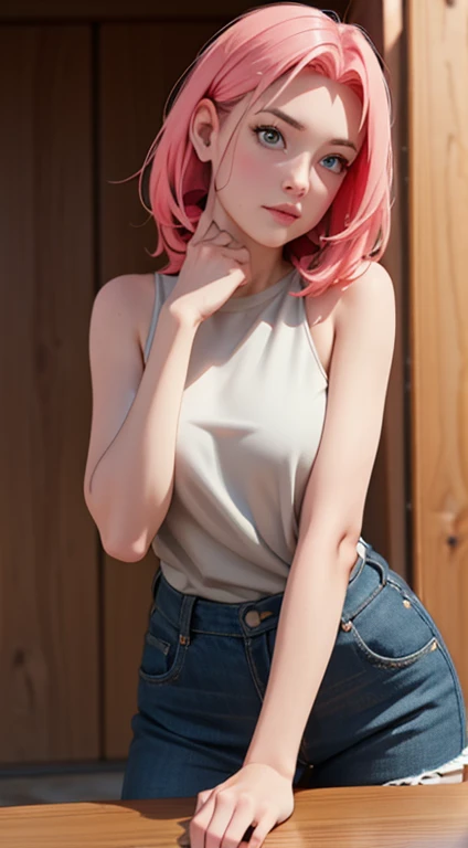 1 girl, 20 years old, short pink hair, red top, short green shorts, from the back, market