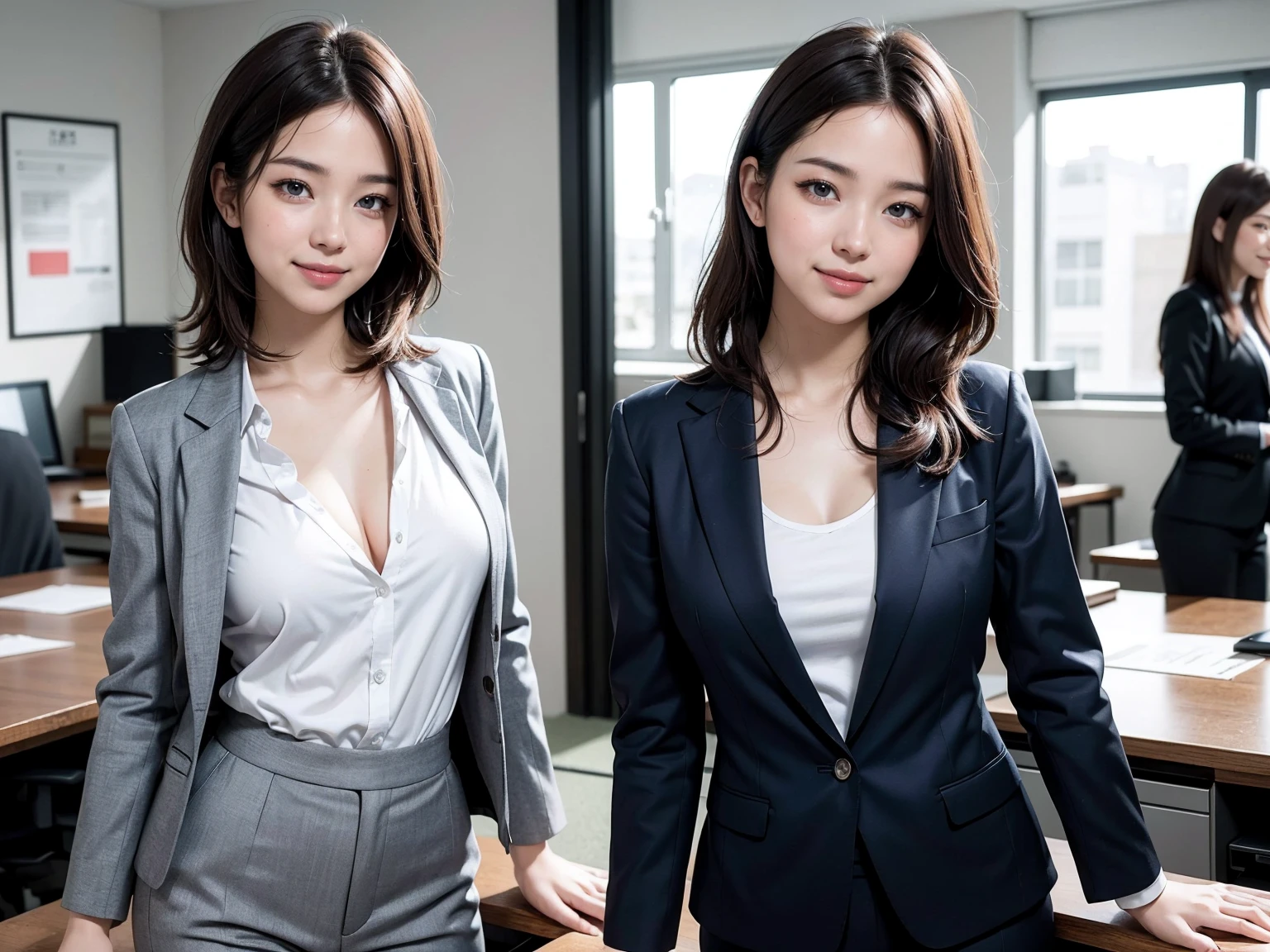(Masterpiece), (8K, Photorealistic, RAW Photography, Best Quality: 1.4), Japan, Beautiful Face, (Realistic Face), (Medium Hair:1.3), Realistic Eyes, Beautiful Eyes, Attractive, Ultra High Definition, Ultra Realistic, High Definition, Beautiful Japan woman, grey suit, open jacket, ((jacket)), office lady, suit, ((pants)), (modern office indoors), desk, detailed face, long hair, group picture, multiple girls, 4girls, looking at viewer, ((smile)), (white shirt), (open shirt), (different hair styles), (different breasts size), (different face detailed)