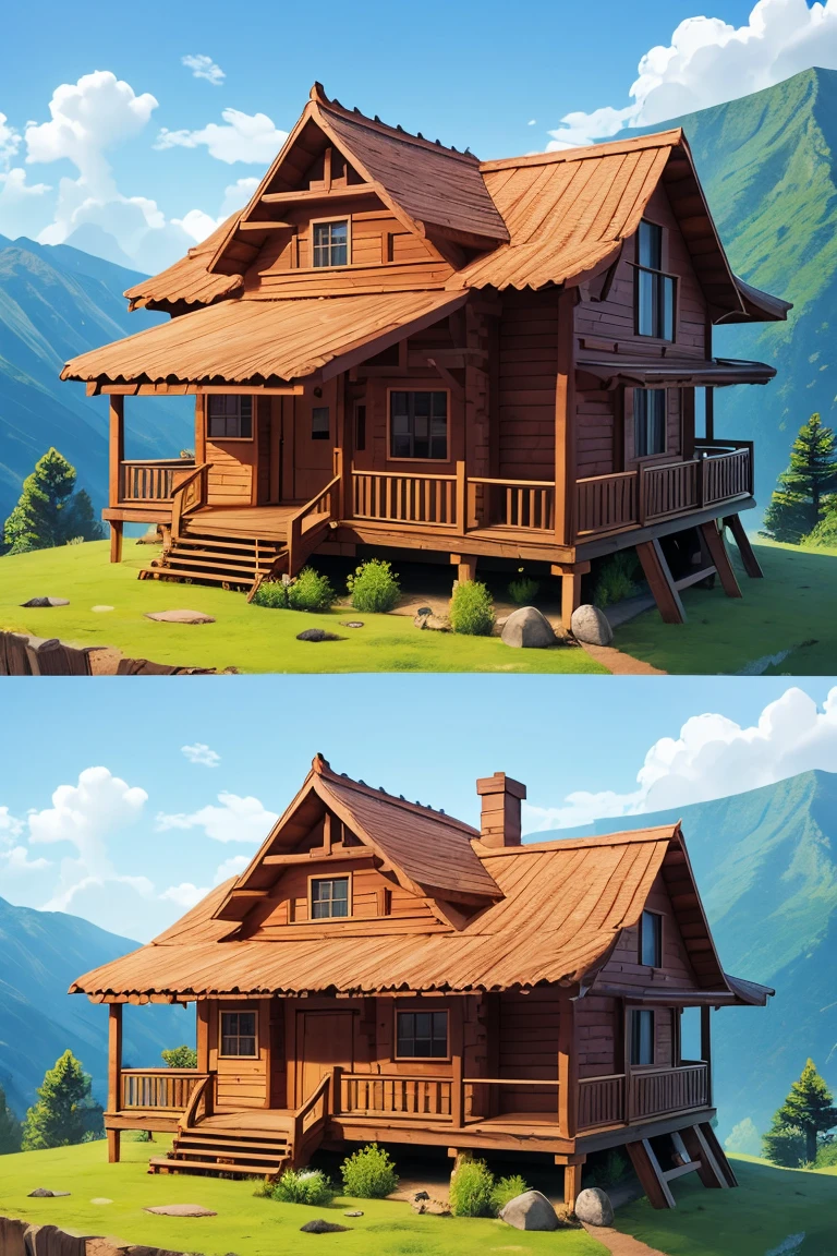 A wooden hut stands on a mountain, tmasterpiece, super detailing, Best quality at best
