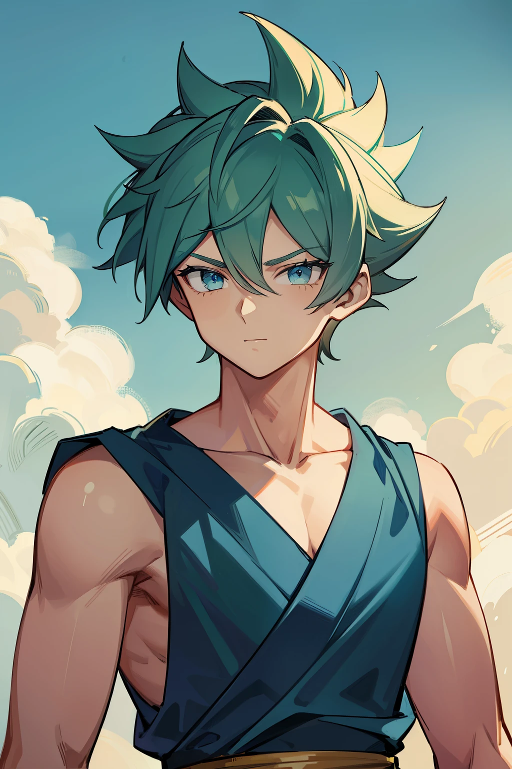 (high-quality, breathtaking),(expressive eyes, perfect face) 1boy, male, solo, , medium blue hair, green coloured eyes, stylised hair, gentle smile, medium length hair, loose hair, side bangs, curley hair, really spiky hair, spiked up hair, looking at viewer, portrait, ancient greek clothes, blue black and white tunic, white Chlamys, sleeveless, greek, blue and gold sash, ocean background, laurel accessory, slightly narrow eyes, masculine face, masculine eyes