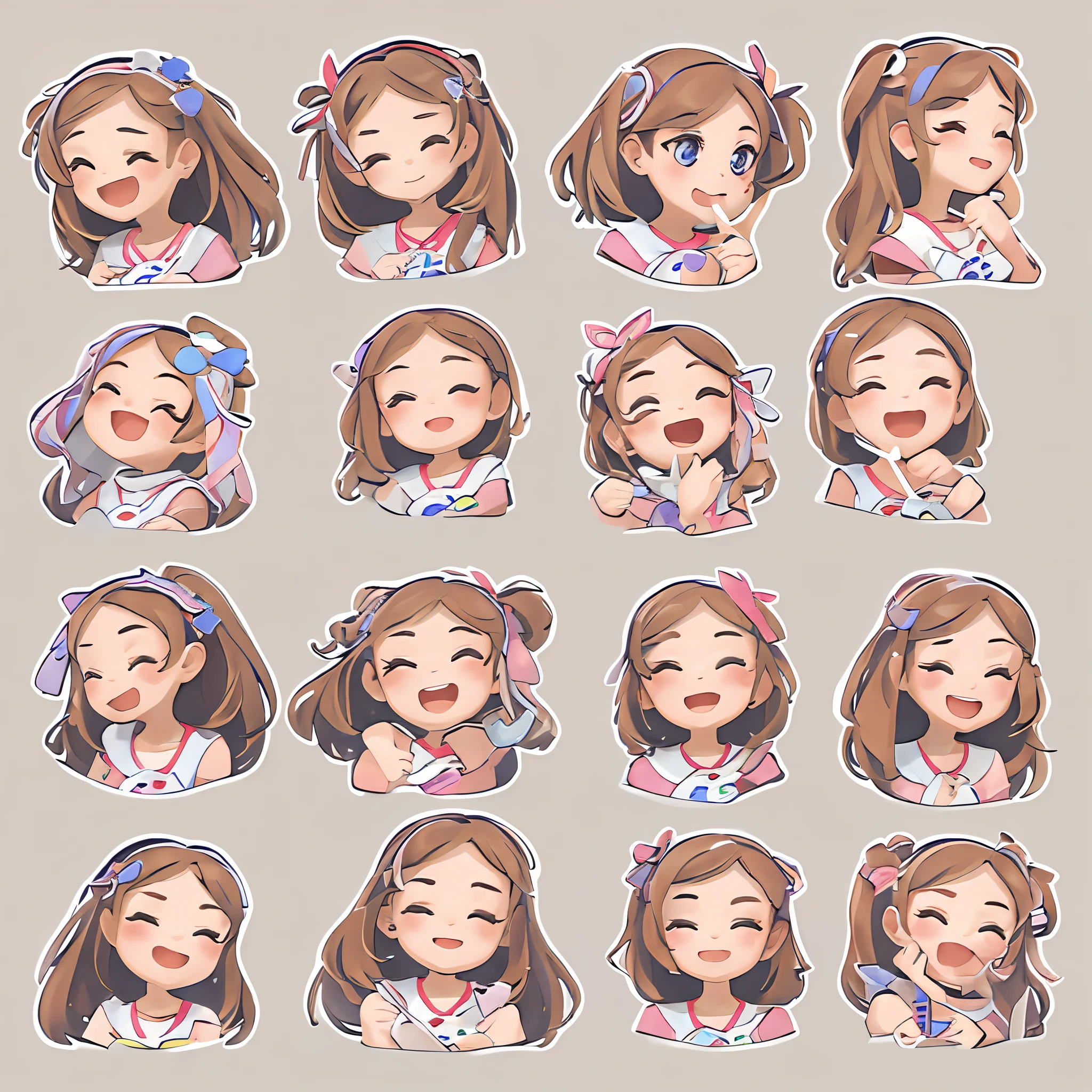 (sticker), nine expressions, 1 cute girl head, (arranged neatly:1.2, spaced separately:1.2, not overlapping:1.2), Clear lines, clean background, White background