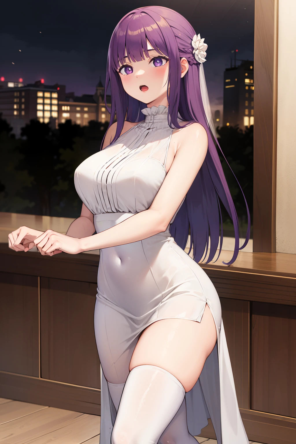 masterpiece, best quality, highres, aarurutie,1girl, wedding dress, white tight dress, dances with a partner, a large royal ballroom in the background, inside a knight's castle open mouth, long straight purple hair, purple clean eyes