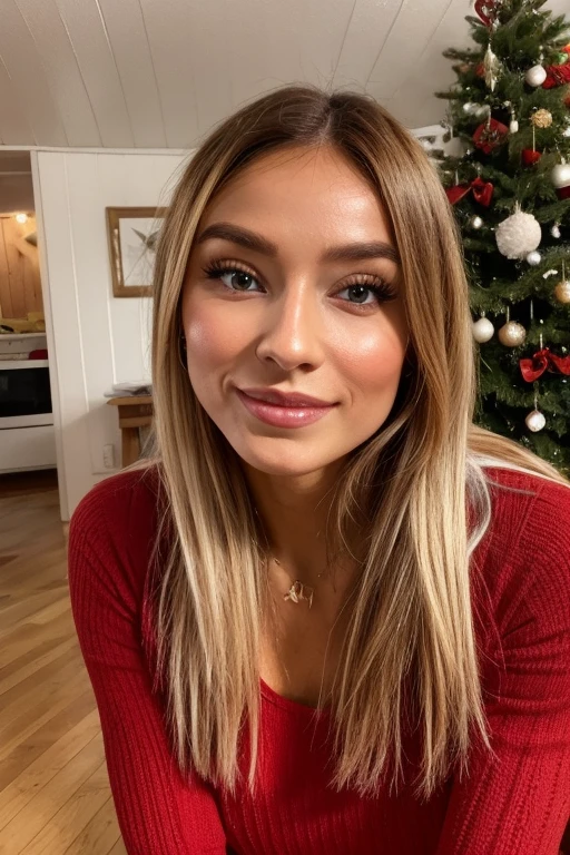 Eine junge Frau, 20 Jahre alt, Ihr Vater stammt aus Asien, ihre Mutter aus Deutschland,(it is wintertime, its snowing out sight) (she wear a red sexy Christmas outfit, she stand)), She is slim and has slightly tanned skin, Ihr Haar ist mittellang und dunkelblond, Ihre Augen sind blau, She has a charming smile and is small, Cute dimples, 8K, HDR