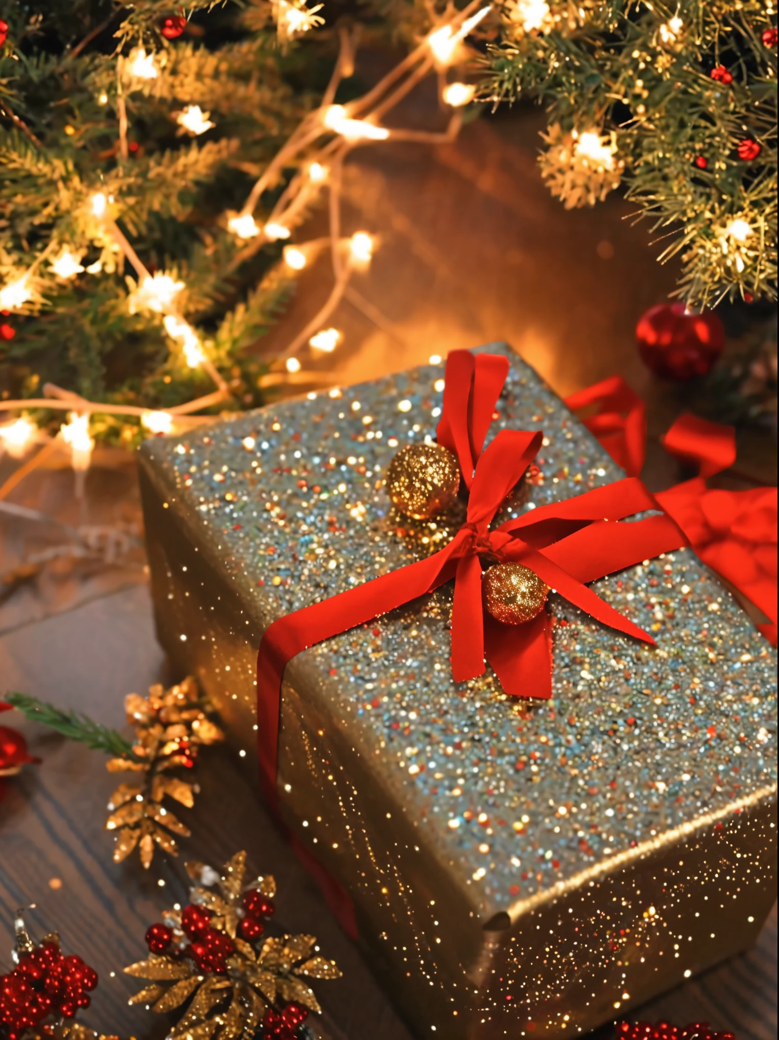 (best quality,4k,8k,highres,masterpiece:1.2),ultra-detailed,realistic,gifts,table,Christmas tree,decorations,wrapping ,bows,ribbon,presents,holiday spirit,vibrant colors,warm lighting,cozy atmosphere,toys,cards,candles,snowflakes,joyful,celebration,exquisite details,exciting surprises,shiny ornaments,sparkling tinsel,beautifully wrapped,excited children,anticipation,festive mood,magical ambiance,delightful moment,wonderful memories,family gathering,cheerful faces,Christmas magic,extravagant,abundance of presents,HDR,UHD,studio lighting,ultra-fine painting,sharp focus,physically-based rendering,professional,vivid colors,bokeh.