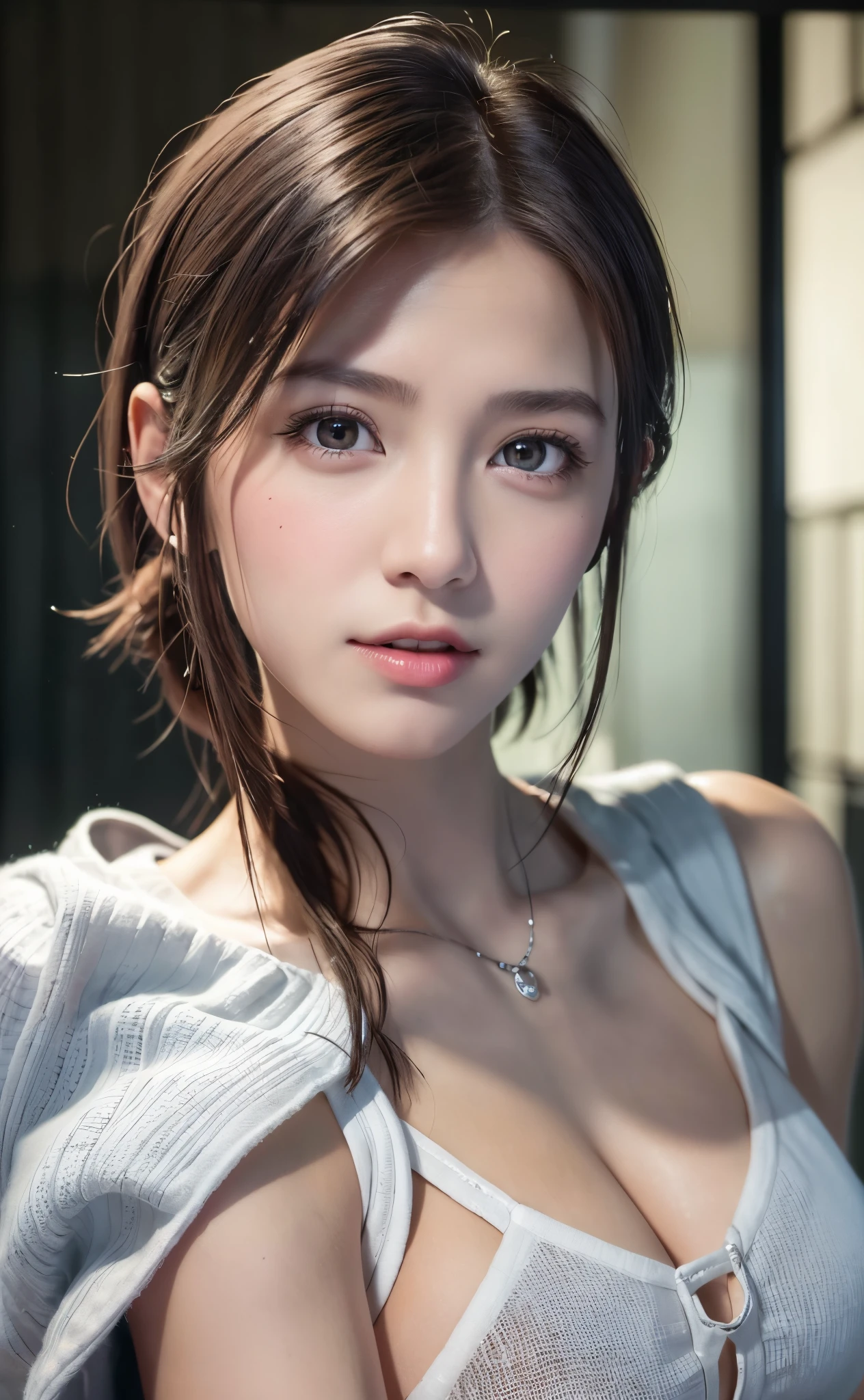 (8K, Photorealistic, Raw photo, of the highest quality: 1.3), (1girl in), Super beautiful, (Realistic face), (boyish, Silver Color Berry Shorthair), Beautiful , Glare that captivates the viewer, Beautiful expression, Beautiful breasts, (Realistic skin), Be...