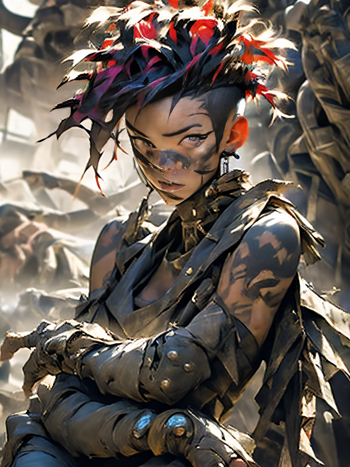 ((( full body ))), master part, best quality, super detail, 8k, beautiful woman, Tank Girl with crazy face, malicious smile, full body, colorful mohawk hair, punk girl, post-apocalyptic world, (( tank girl )), Nijistyle, torn and dirty clothes, short mohawk, sides of shaved head, clean face