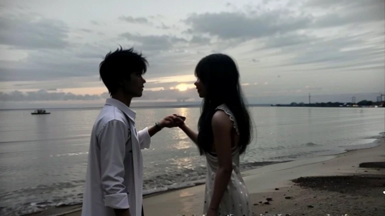 they are standing on the beach and looking at each other, still from a music video, with sunset, video screenshot, still from the film, still from the movie, looking at each other mindlessly, random and dramatic scene, still from a movie, still frame from a movie, film promotional still, video still, during sunset, cinematic film still, still from film