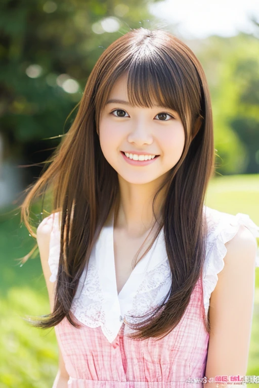 "Japan girl at 14 years old, Face Close-up, brown-haired, Beautiful detail eyes and lips, 2 hairs, Cute and innocent, White open collar shirt, Delicate collarbones, In a soft and bright cafe, Smiling, Wrapped in soft sunlight. Scenes painted in pastel colors, similar to classic portraiture. Images contain high quality details, young girl々Capture the charm and vibrancy of。