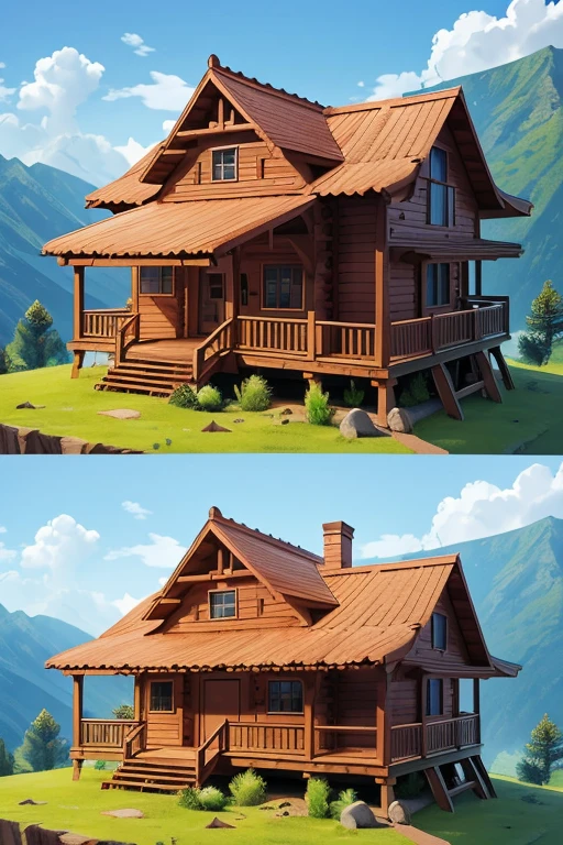 A wooden house stands on the mountain, tmasterpiece, super detailing, Best quality