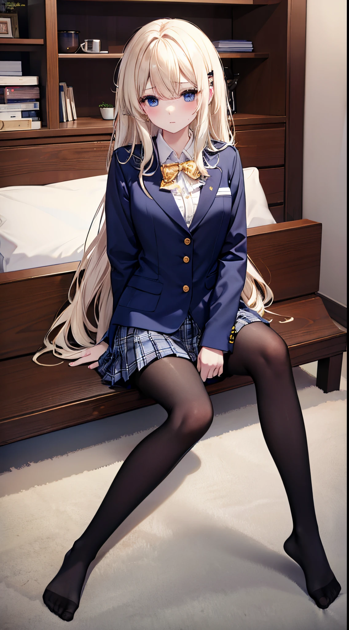 highest grade、masterpiece、HDTV、(full bodyesbian)、(frontage)、(bilaterally symmetrical)、A mature and tall Japanese high school girl、soio、(Full body view from head to toe)、(feet without shoes)、(M-shaped legs)、sitting composition、Composition with legs spread and crotch visible、Slightly low angle、(White ruffled panties)、small tits、(Black tights)、(black pantyhose)、(Composition showing white panties)、A very beautiful and tall girl.、(I'm not wearing shoes)、(bangss)、Unkempt hair、(hair clips)、pale blush、Looking at the camera、slender leg、 High School Uniform Blazer、High School Uniform White Blouse、high school uniform blue ribbon、High school uniform plaid and navy pleated skirt