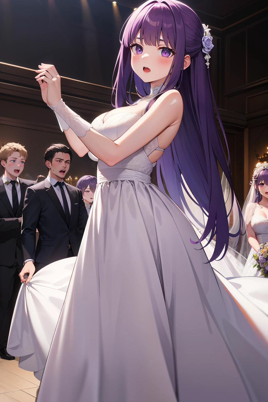 masterpiece, best quality, highres, aarurutie,1girl, wedding dress, dances with a partner, 1boy,, a large royal ballroom in the background, inside a knight's castle open mouth, long straight purple hair, purple clean eyes