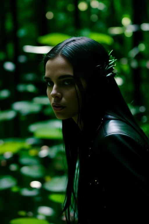 In the pitch darkness of the night, a woman in jeans and a leather jacket finds herself in the woods. The only light comes from the flash of her camera. She is behind a Black Panther, about to capture it, creating a suspenseful moment. Her face is haggard and dehydrated, reflecting her perplexed and frightened state. TAGS: night time, blurred background, (selfie photo:1.7), (It’s dark all around:1.7), (Light only from the camera:1.7). The woman, wearing jeans, leather jacket, swamp, fright, stunned, Looking around. (emaciated face:1.6), (dehydrated face:1.6), (swelling of the face:1.6), (Short hair gathered in a ponytail:1.2), (Moral decay, Shattered reputation:1.2).