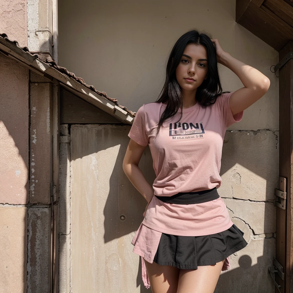 28 years old Italian model, black hairs, iper realism, ultra dettagli, skirt short pink, magliettina nera, distesa a pancia sotto sul divano, at home, alone.