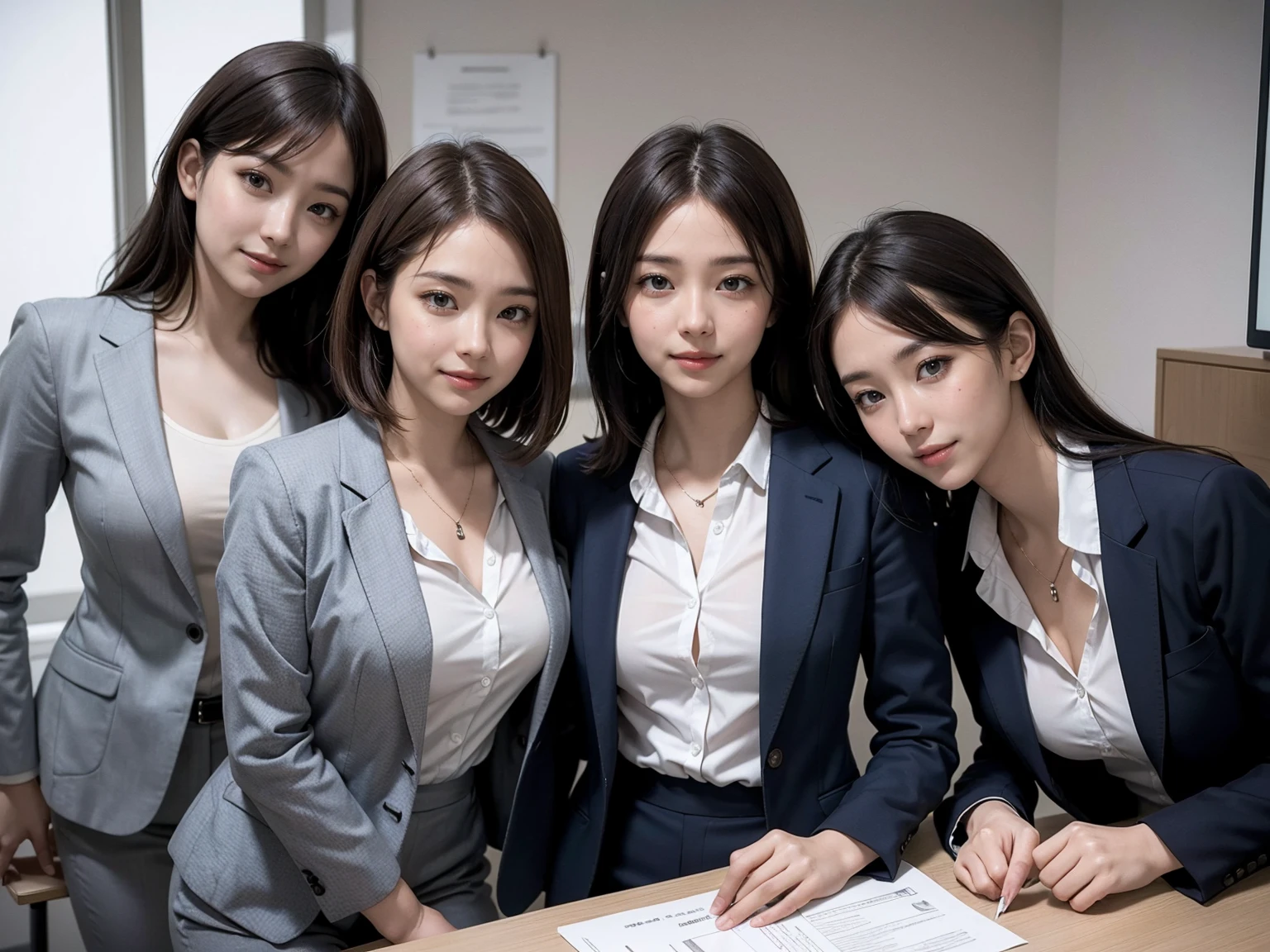 (Masterpiece), (8K, Photorealistic, RAW Photography, Best Quality: 1.4), Japan, Beautiful Face, (Realistic Face), (Medium Hair:1.3), Realistic Eyes, Beautiful Eyes, Attractive, Ultra High Definition, Ultra Realistic, High Definition, Beautiful Japan woman, grey suit, open jacket, ((jacket)), office lady, suit, ((pants)), (modern office indoors), desk, detailed face, long hair, group picture, multiple girls, 4girls, looking at viewer, ((smile)), (white shirt), (open shirt), (different hair styles), (different breasts size), (different face detailed)