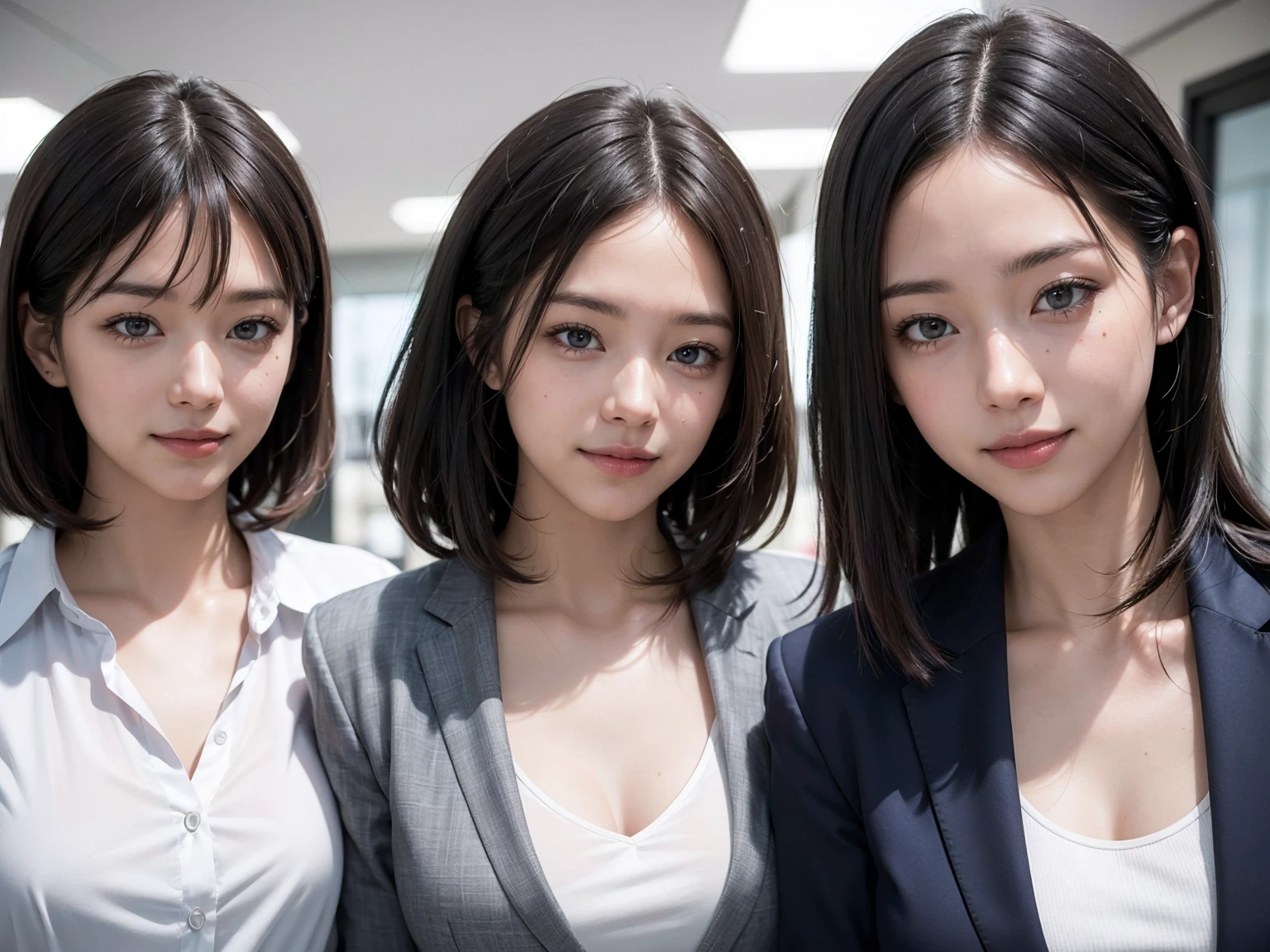 (Masterpiece), (8K, Photorealistic, RAW Photography, Best Quality: 1.4), Japan, Beautiful Face, (Realistic Face), (Medium Hair:1.3), Realistic Eyes, Beautiful Eyes, Attractive, Ultra High Definition, Ultra Realistic, High Definition, Beautiful Japan woman, grey suit, open jacket, ((jacket)), office lady, suit, ((pants)), (modern office indoors), desk, detailed face, long hair, group picture, multiple girls, 4girls, looking at viewer, ((smile)), (white shirt), (open shirt), (different hair styles), (different breasts size), (different face detailed)
