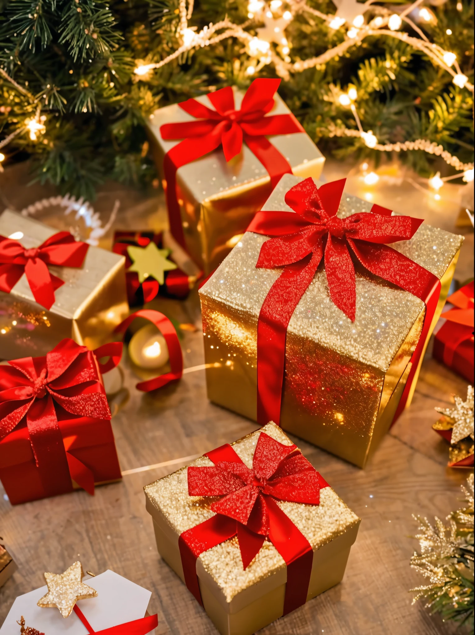 (best quality,4k,8k,highres,masterpiece:1.2),ultra-detailed,realistic,gifts,table,Christmas tree,decorations,wrapping ,bows,ribbon,presents,holiday spirit,vibrant colors,warm lighting,cozy atmosphere,toys,cards,candles,snowflakes,joyful,celebration,exquisite details,exciting surprises,shiny ornaments,sparkling tinsel,beautifully wrapped,excited children,anticipation,festive mood,magical ambiance,delightful moment,wonderful memories,family gathering,cheerful faces,Christmas magic,extravagant,abundance of presents,HDR,UHD,studio lighting,ultra-fine painting,sharp focus,physically-based rendering,professional,vivid colors,bokeh.