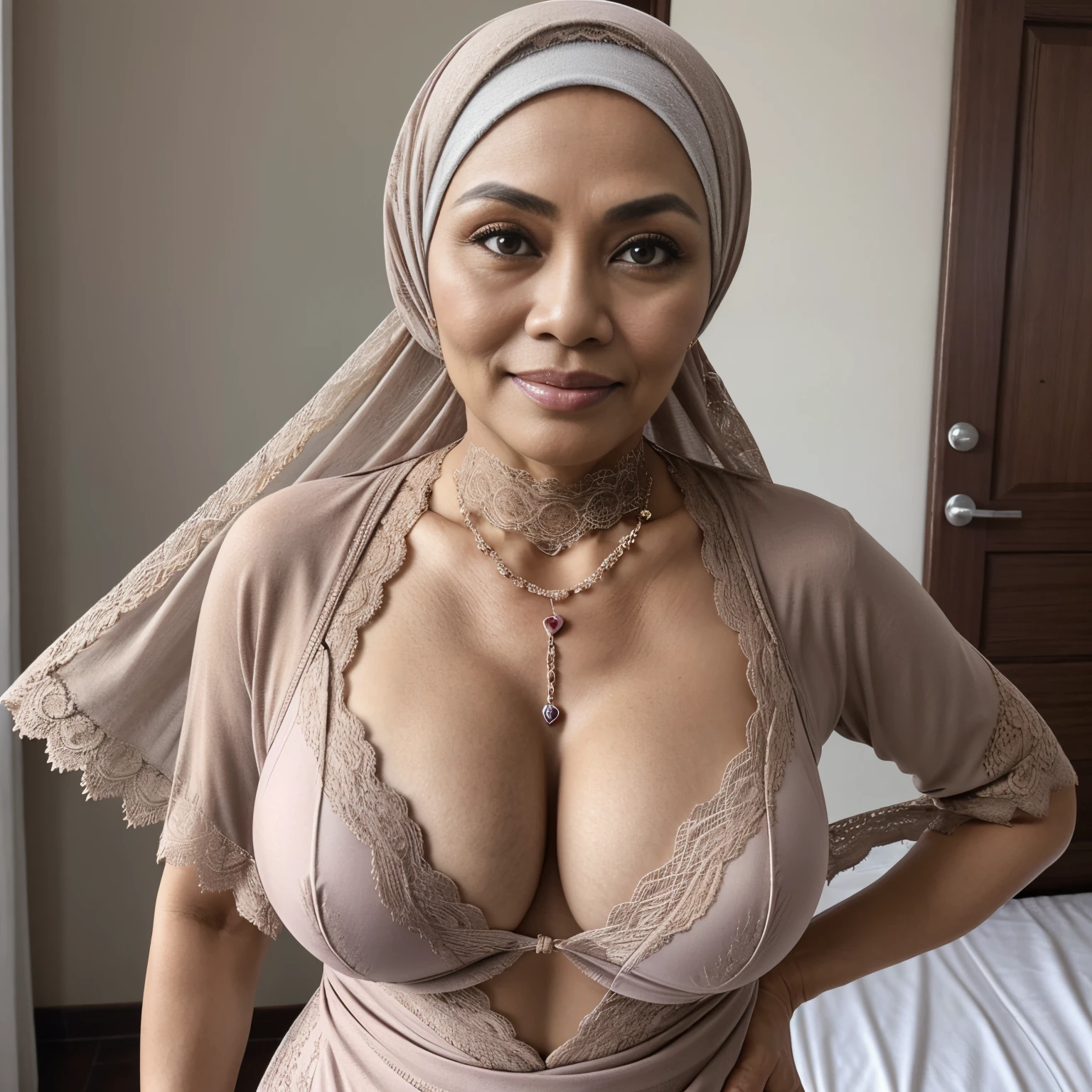 46 Years old, Indonesian mature woman, wearing Hijab, perfect body, Full body, natural Gigantic mature breast, Hard Nipple Erection, gorgeous eyes, Soft smile, wear a Lace Gamis, Tight Bra, Heart necklace, Breast about to burst Out, Nightime, Excellent light, Dark Colour