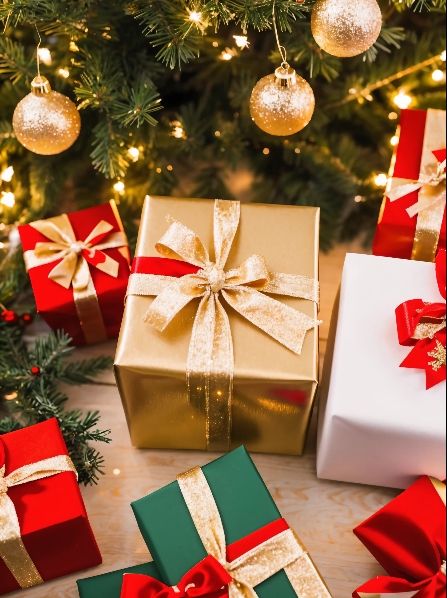 (best quality,4k,8k,highres,masterpiece:1.2),ultra-detailed,realistic,gifts,table,Christmas tree,decorations,wrapping ,bows,ribbon,presents,holiday spirit,vibrant colors,warm lighting,cozy atmosphere,toys,cards,candles,snowflakes,joyful,celebration,exquisite details,exciting surprises,shiny ornaments,sparkling tinsel,beautifully wrapped,excited children,anticipation,festive mood,magical ambiance,delightful moment,wonderful memories,family gathering,cheerful faces,Christmas magic,extravagant,abundance of presents,HDR,UHD,studio lighting,ultra-fine painting,sharp focus,physically-based rendering,professional,vivid colors,bokeh.