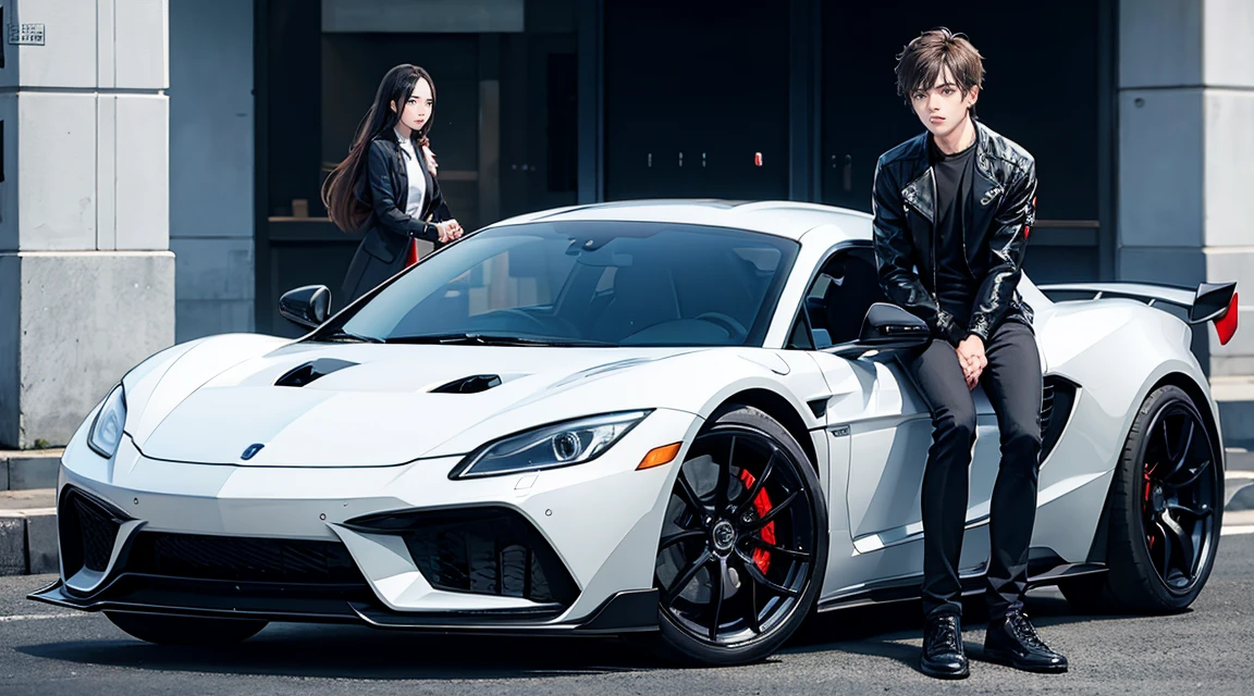 Boy and girl sitting on a black supercar