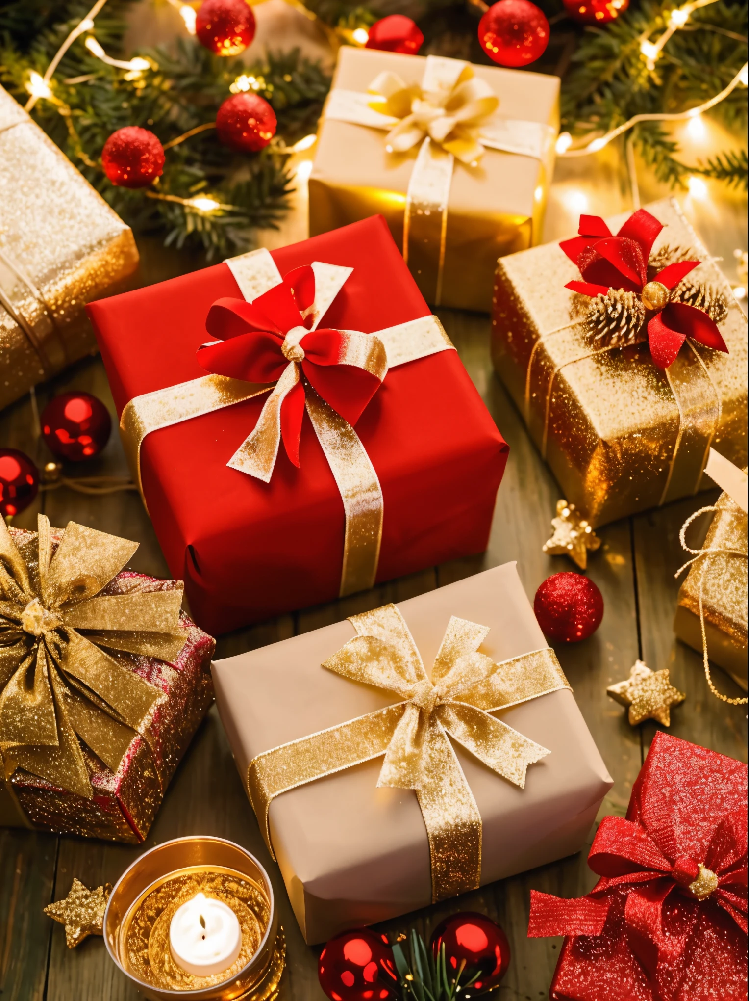 (best quality,4k,8k,highres,masterpiece:1.2),ultra-detailed,realistic,gifts,table,Christmas tree,decorations,wrapping ,bows,ribbon,presents,holiday spirit,vibrant colors,warm lighting,cozy atmosphere,toys,cards,candles,snowflakes,joyful,celebration,exquisite details,exciting surprises,shiny ornaments,sparkling tinsel,beautifully wrapped,excited children,anticipation,festive mood,magical ambiance,delightful moment,wonderful memories,family gathering,cheerful faces,Christmas magic,extravagant,abundance of presents,HDR,UHD,studio lighting,ultra-fine painting,sharp focus,physically-based rendering,professional,vivid colors,bokeh.