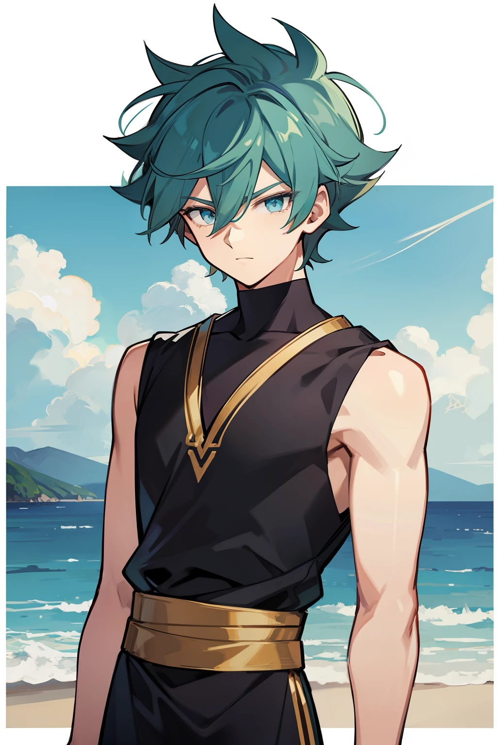 (high-quality, breathtaking),(expressive eyes, perfect face) 1boy, male, solo, , medium blue hair, green coloured eyes, stylised hair, gentle smile, longlength hair, loose hair, side bangs, curley hair, really spiky hair, spiked up hair, looking at viewer, portrait, ancient greek clothes, blue black and white tunic, white Chlamys, sleeveless, greek, blue and gold sash, ocean background, laurel accessory, slightly narrow eyes, masculine face, masculine eyes