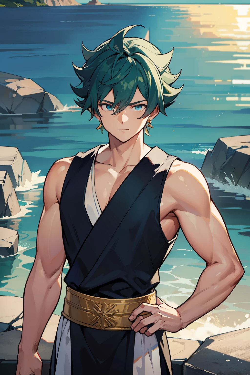 (high-quality, breathtaking),(expressive eyes, perfect face) 1boy, male, solo, young teen, medium blue hair, green coloured eyes, stylised hair, gentle smile, longlength hair, loose hair, side bangs, curley hair, really spiky hair, spiked up hair, looking at viewer, portrait, ancient greek clothes, blue black and white tunic, white Chlamys, sleeveless, greek, blue and gold sash, ocean background, laurel accessory, slightly narrow eyes, masculine face, masculine eyes