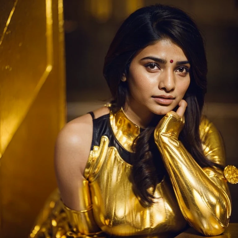 Indian  girl  in the battalfelid  waring  full golden armor