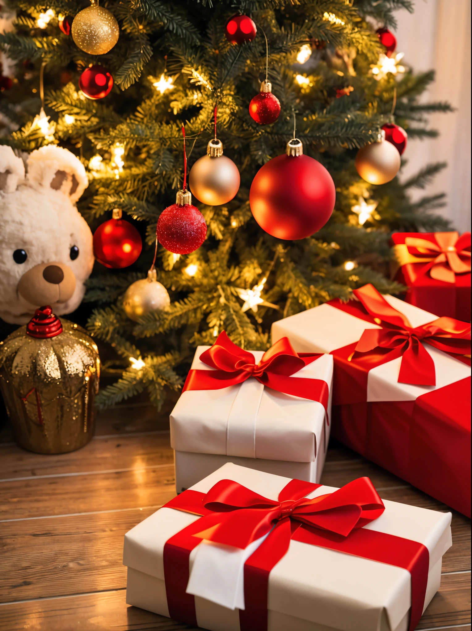 (best quality,4k,8k,highres,masterpiece:1.2),ultra-detailed,realistic,gifts,table,Christmas tree,decorations,wrapping ,bows,ribbon,presents,holiday spirit,vibrant colors,warm lighting,cozy atmosphere,toys,cards,candles,snowflakes,joyful,celebration,exquisite details,exciting surprises,shiny ornaments,sparkling tinsel,beautifully wrapped,excited children,anticipation,festive mood,magical ambiance,delightful moment,wonderful memories,family gathering,cheerful faces,Christmas magic,extravagant,abundance of presents,HDR,UHD,studio lighting,ultra-fine painting,sharp focus,physically-based rendering,professional,vivid colors,bokeh.