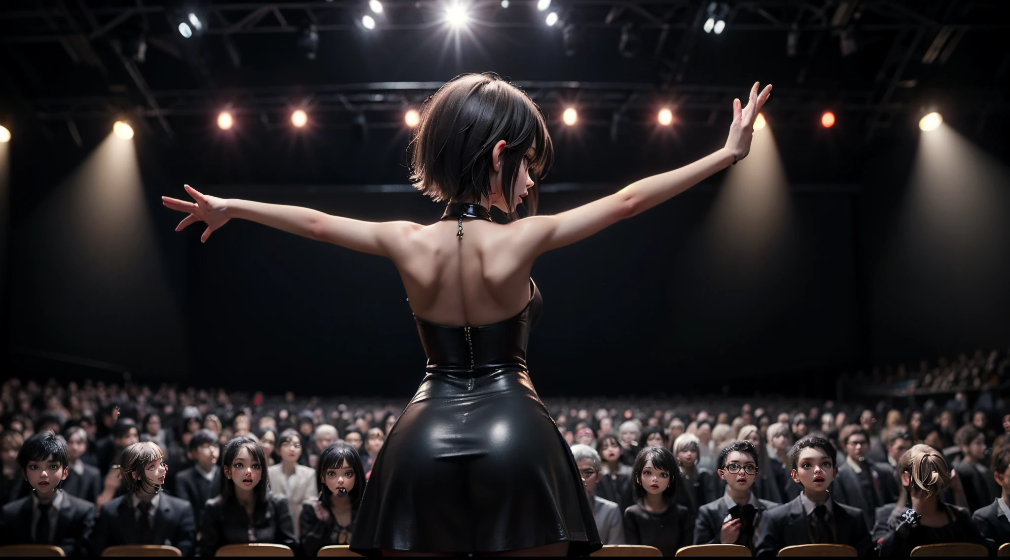 singer girl, singing performance at stage, audience enjoy signing, huge audience, many audience, , detailed image, short hair girl, best anatomy, best anatomy, shoot from the back, perfect image, perfect face, cute, black dress, black dress body cover, back shot,, huge audience, so many people,
