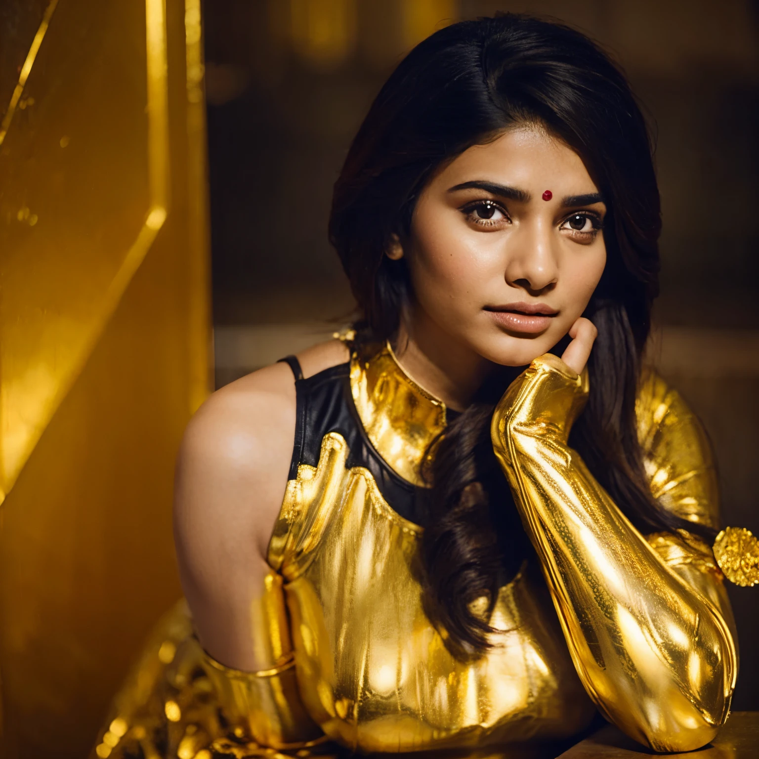 Indian  girl  in the battalfelid  waring  full golden armor