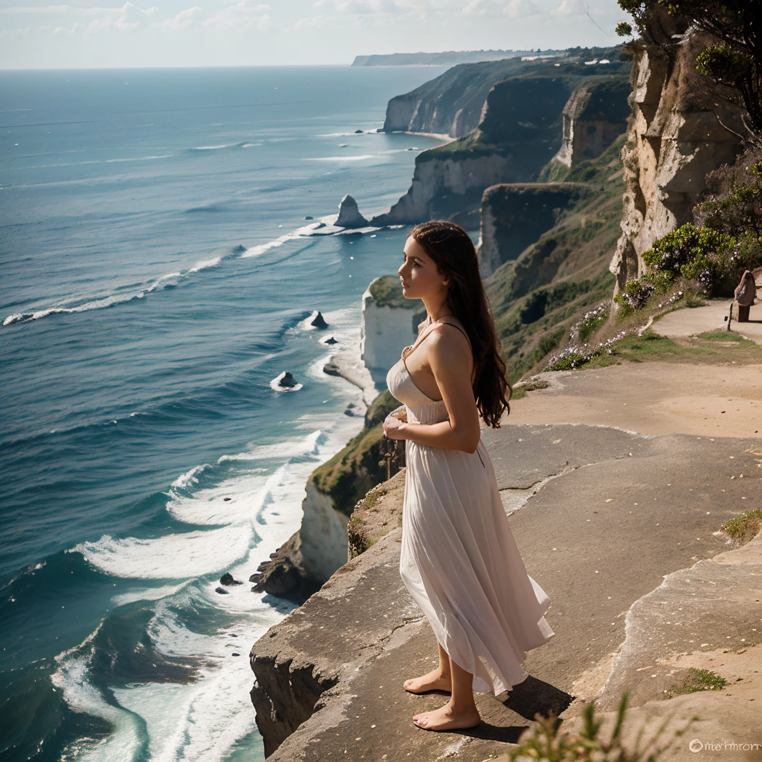 Araffe woman standing on a cliff overlooking the ocean - SeaArt AI
