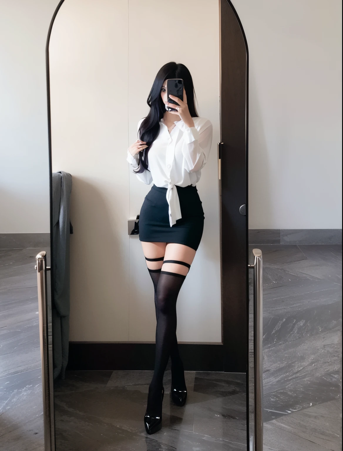 D cup girl wearing black stockings full body selfie