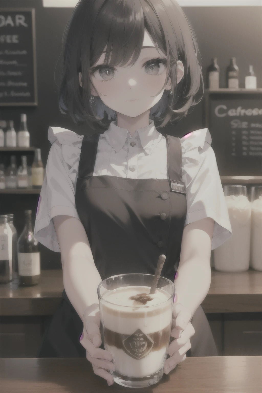 ((Best quality at best)), ((tmasterpiece)), (Detailed pubic hair), s the perfect face。whaite hair，being thin，shoun，Barista，short detailed hair，shairband，Cafe，Bartender costumes，kawa，zombi