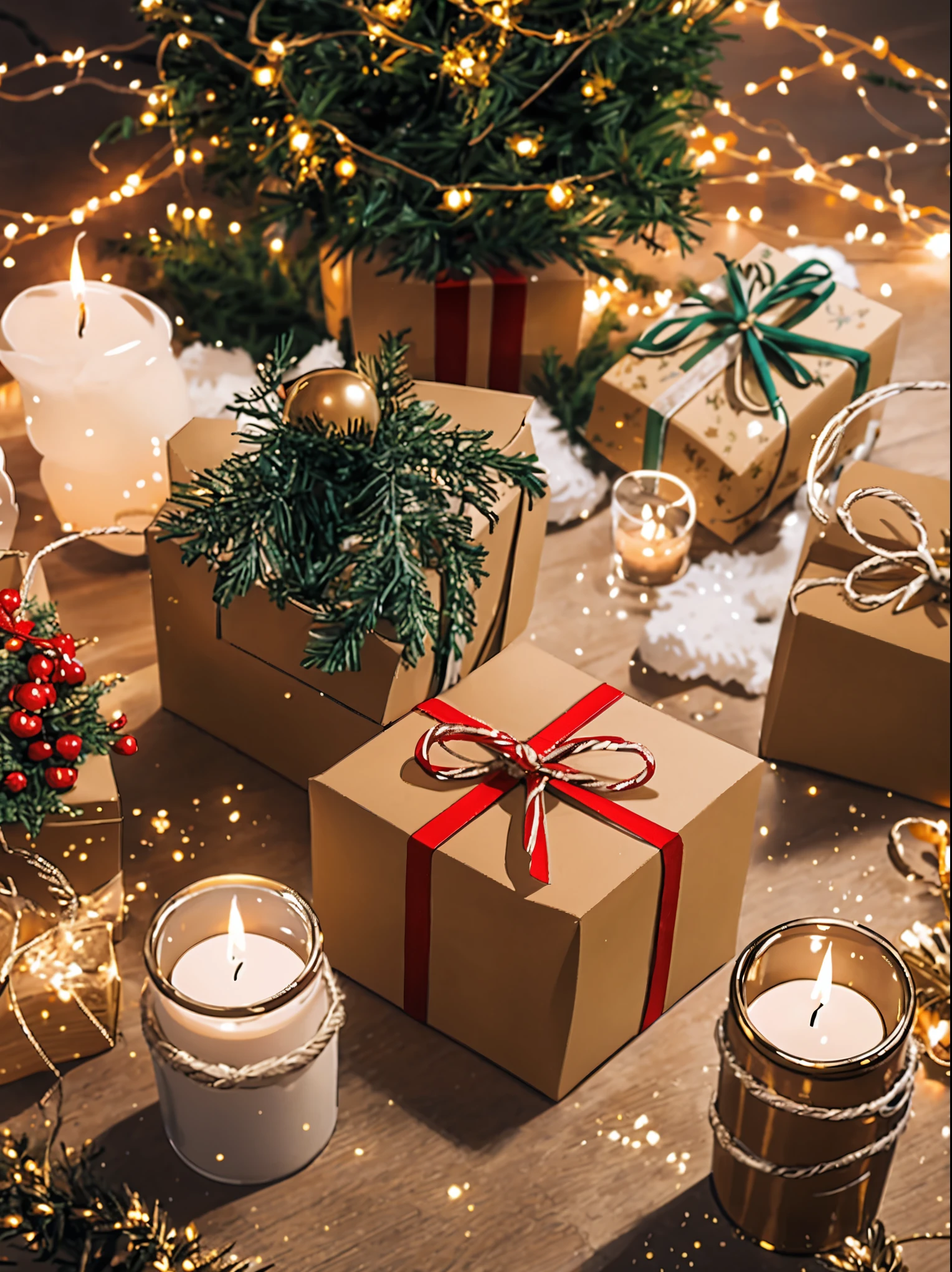 (best quality,4k,8k,highres,masterpiece:1.2),ultra-detailed,realistic,gifts,table,Christmas tree,decorations,wrapping ,bows,ribbon,presents,holiday spirit,vibrant colors,warm lighting,cozy atmosphere,toys,cards,candles,snowflakes,joyful,celebration,exquisite details,exciting surprises,shiny ornaments,sparkling tinsel,beautifully wrapped,excited children,anticipation,festive mood,magical ambiance,delightful moment,wonderful memories,family gathering,cheerful faces,Christmas magic,extravagant,abundance of presents,HDR,UHD,studio lighting,ultra-fine painting,sharp focus,physically-based rendering,professional,vivid colors,bokeh.