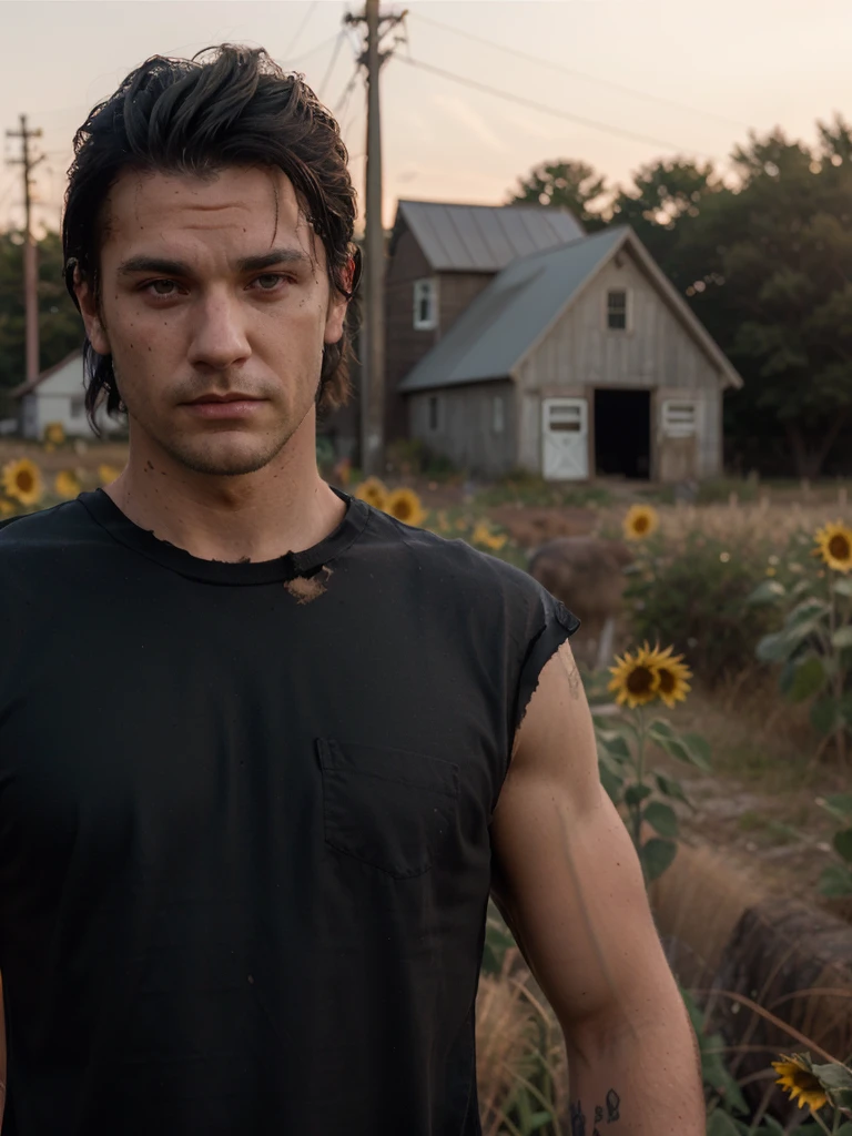 a man , aged 28, slicked back medium length black hair, scar on face, wearing (dirty black sleeveless shirt, tatty ) menacing, stood in a rural texan landscape with trees and fields of sunflowers, old barn in distance, at dawn, low daylight, cinematic, movie screenshot, perfect lighting and shadow, ultra realistic