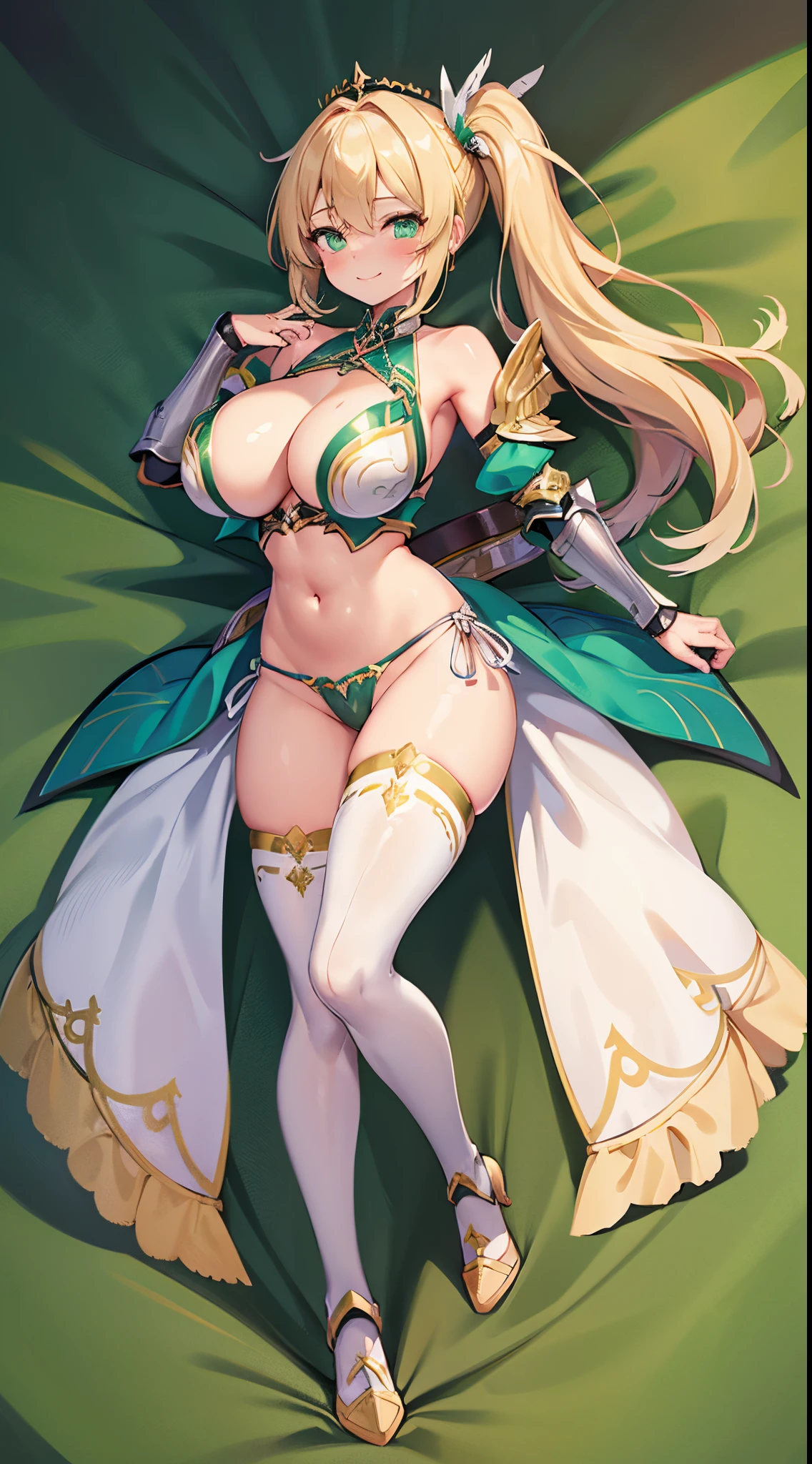 1 girl, game cg, valkyrie armor, green, angel wings, sideboob, under boob, belly button visible, thighs, loincloth, gigantic breasts, blonde, middle hair, side ponytail, green eyes, gigantic breasts, blonde, middle hair, side ponytail, green eyes, dakimakura, full body, smile ,blush,