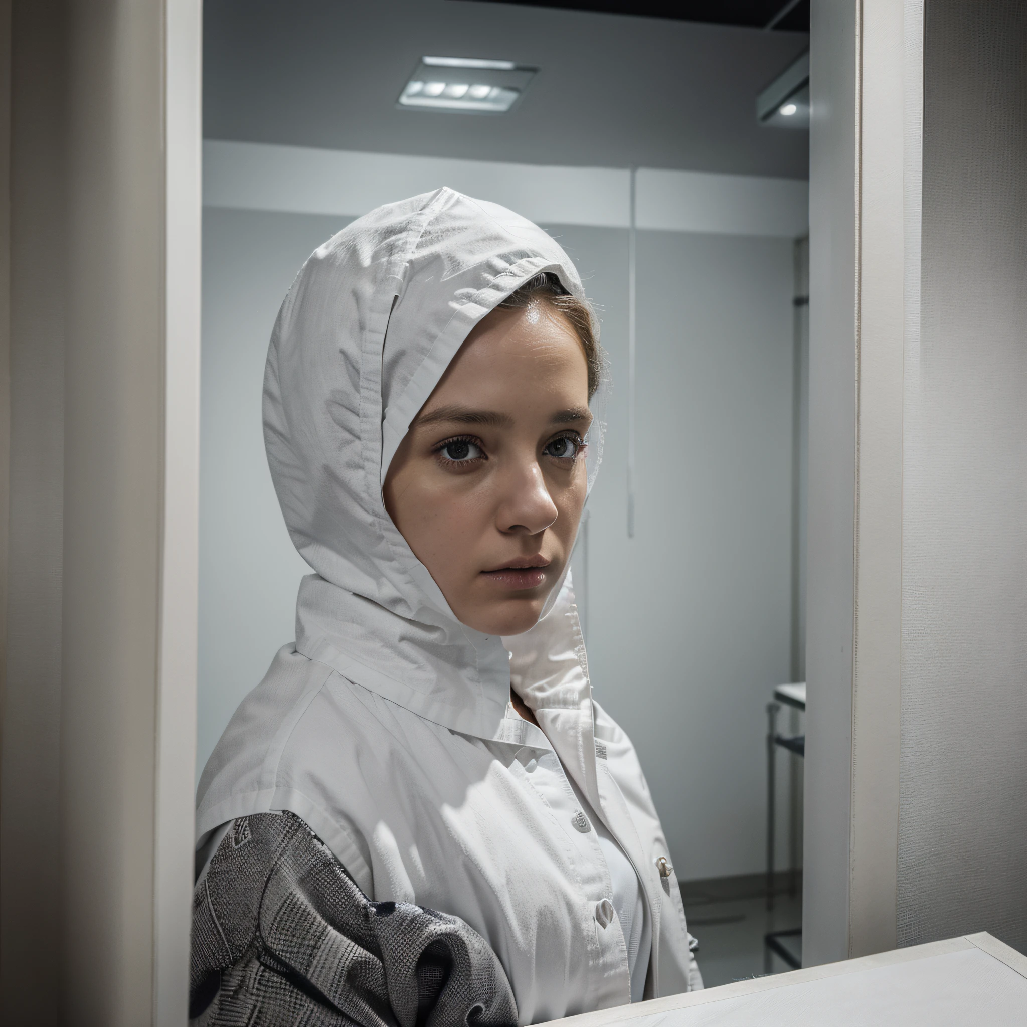 Realistic Photography, art officiel photoréaliste, Ultra detailded,Masterpiece, Best quality, Blouse blanche uniquement ,laboratoire, pandemic, filtre effrayant sombre asile, affiche for the television,The zone is very concentrated on the fabric of the white blouse. no human, personne, seulement le tissu, meilleur tir