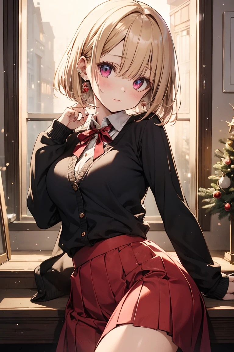 masterpiece, absurdres, best quality, ultra detailed, high Resolution, detailed illustration, cel anime, (sfw), 1girl, (loli), cute face, detailed face, magenta eyes, cute eyes, sparkling eyes, big eyes, medium breasts, perky breasts, pointy breasts, medium hips, glamorous body, Surprised, BREAK, long bob cut, (blonde hair:0.7), messy hair, detailed hair, BREAK Cardigan, knit sweater, long skirt, tiny ribbon, xmas date, real world, natural lights, perfect lighting,