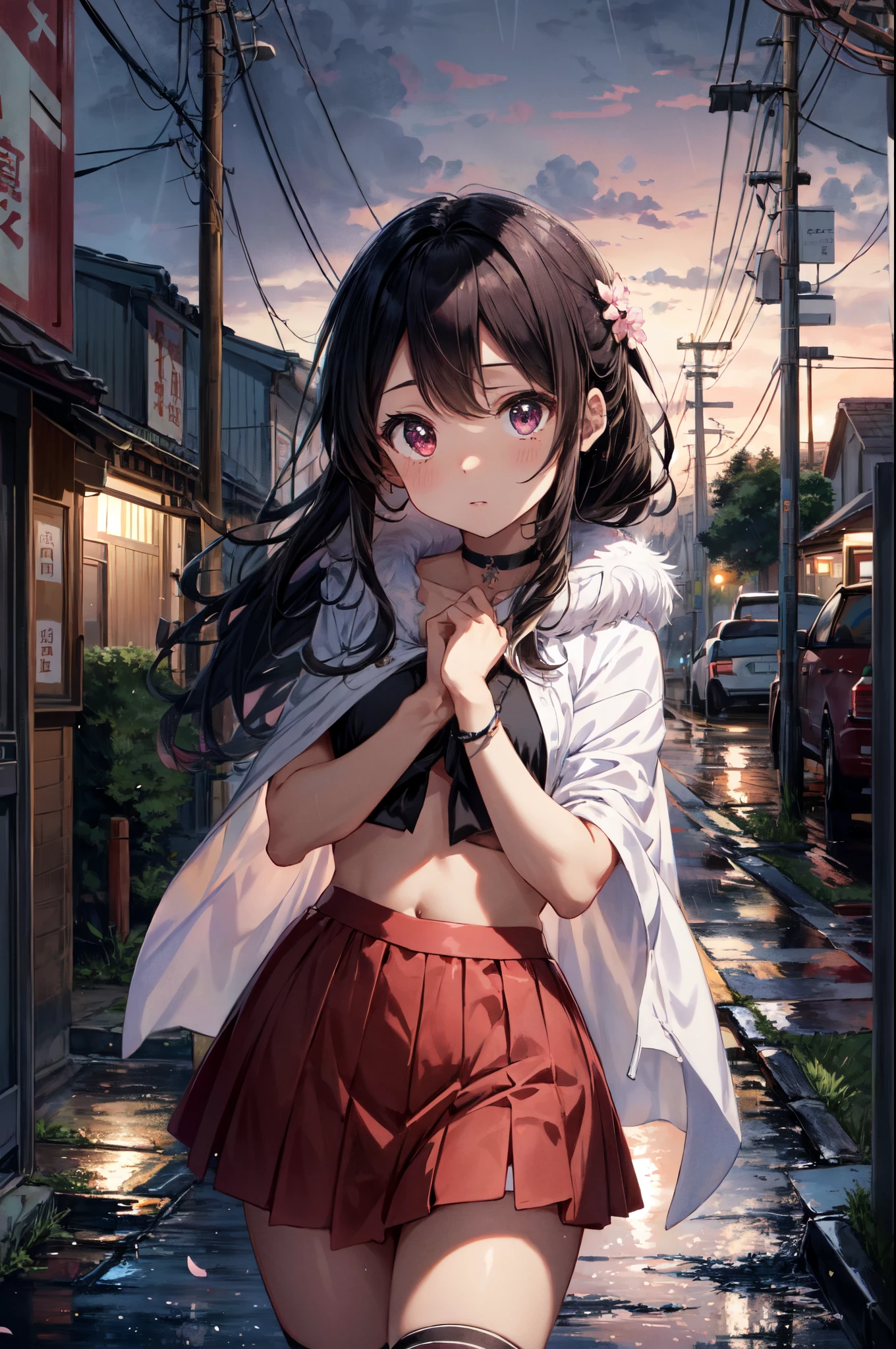 {{{tmasterpiece}}}, {Extremely Delicately Beautiful}, (Alone:1.5), (Best quality at best:1.2), (超高分辨率, realistically, RAW photogr:1.4), 8K, 电影灯光, beautiful light up, profesional lighting, physically-based renderingt, フォトンマッピング, Radio City, Detailed and complex, detailface, Face highlights, Slim, white skinned, largeeyes, 1 Sister, , black hair color long hair, 城市,Corner store ，(Many cherry blossom trees)，Crop top, (Pink fur edge cloak，short blouse，short  skirt，white garters), look at another, staredown, choker necklace, dark cloude，rainy sky，the street lights，