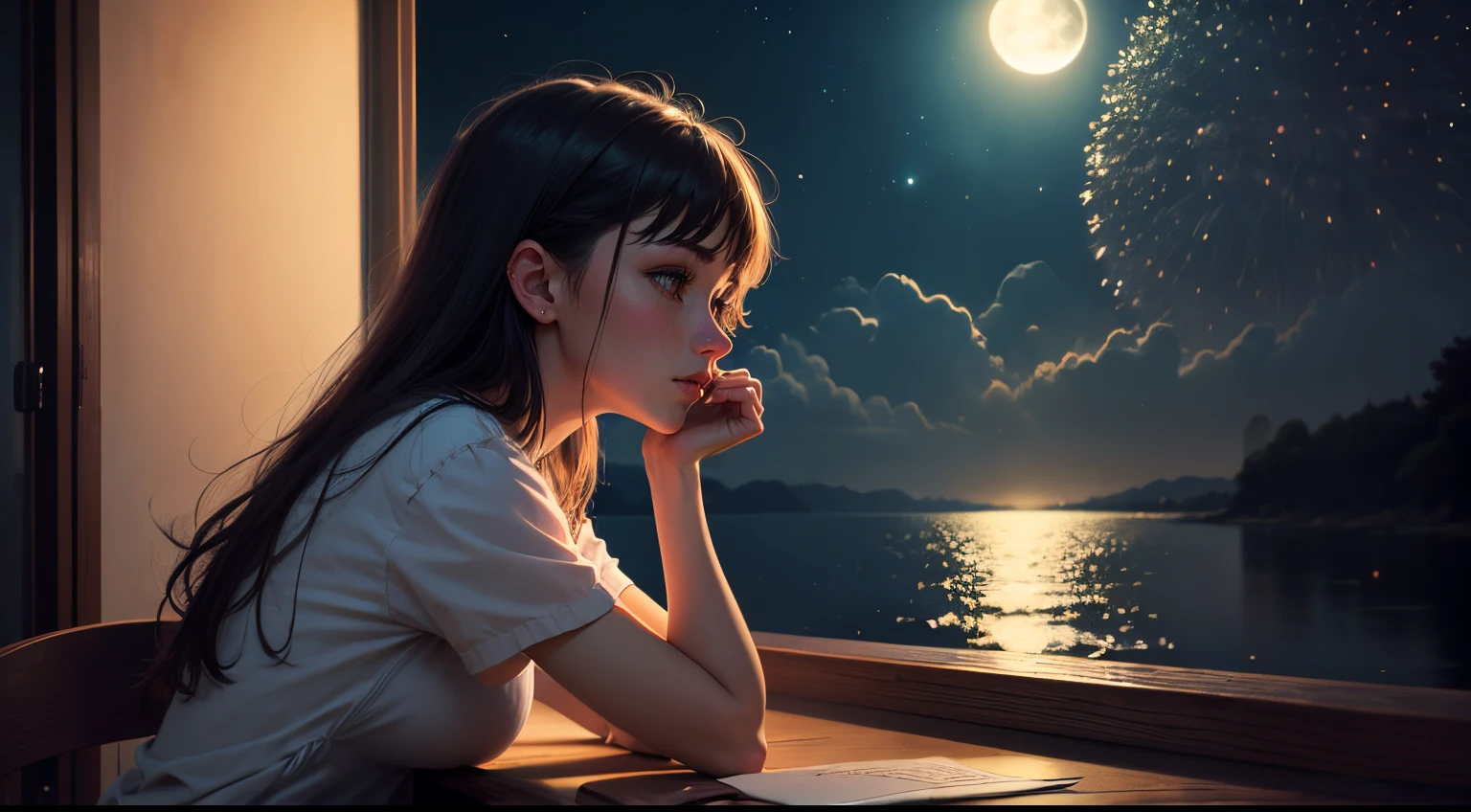 (((masterpiece))), (((best quality))), ((ultra-detailed)) ((moonlight light)) lofi girl watching the fireworks