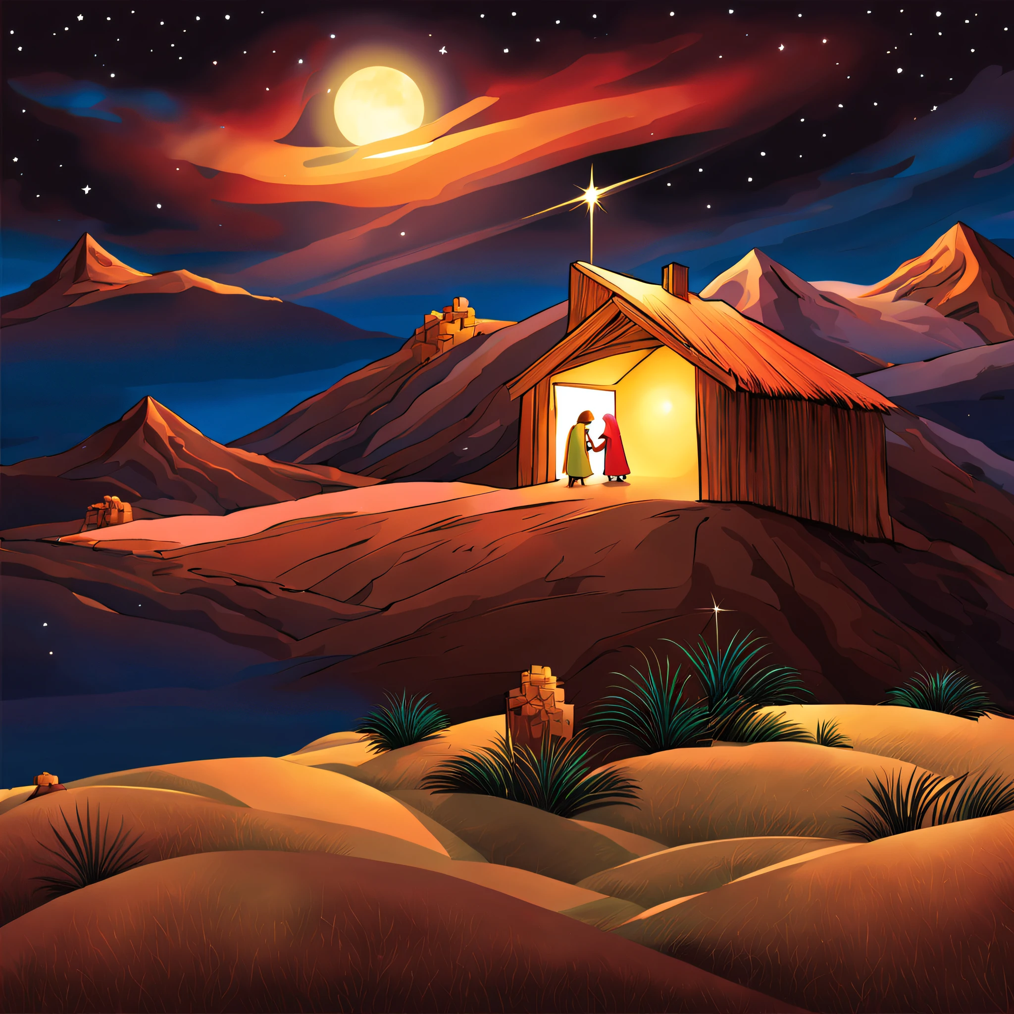 create an amazing classic Christmas card, illustration masterpiece, add an illustration of a desert scene with dunes and in the background a manger with  Jesus and a bright beam of light, multicolored light coming from the starry night sky to the baby