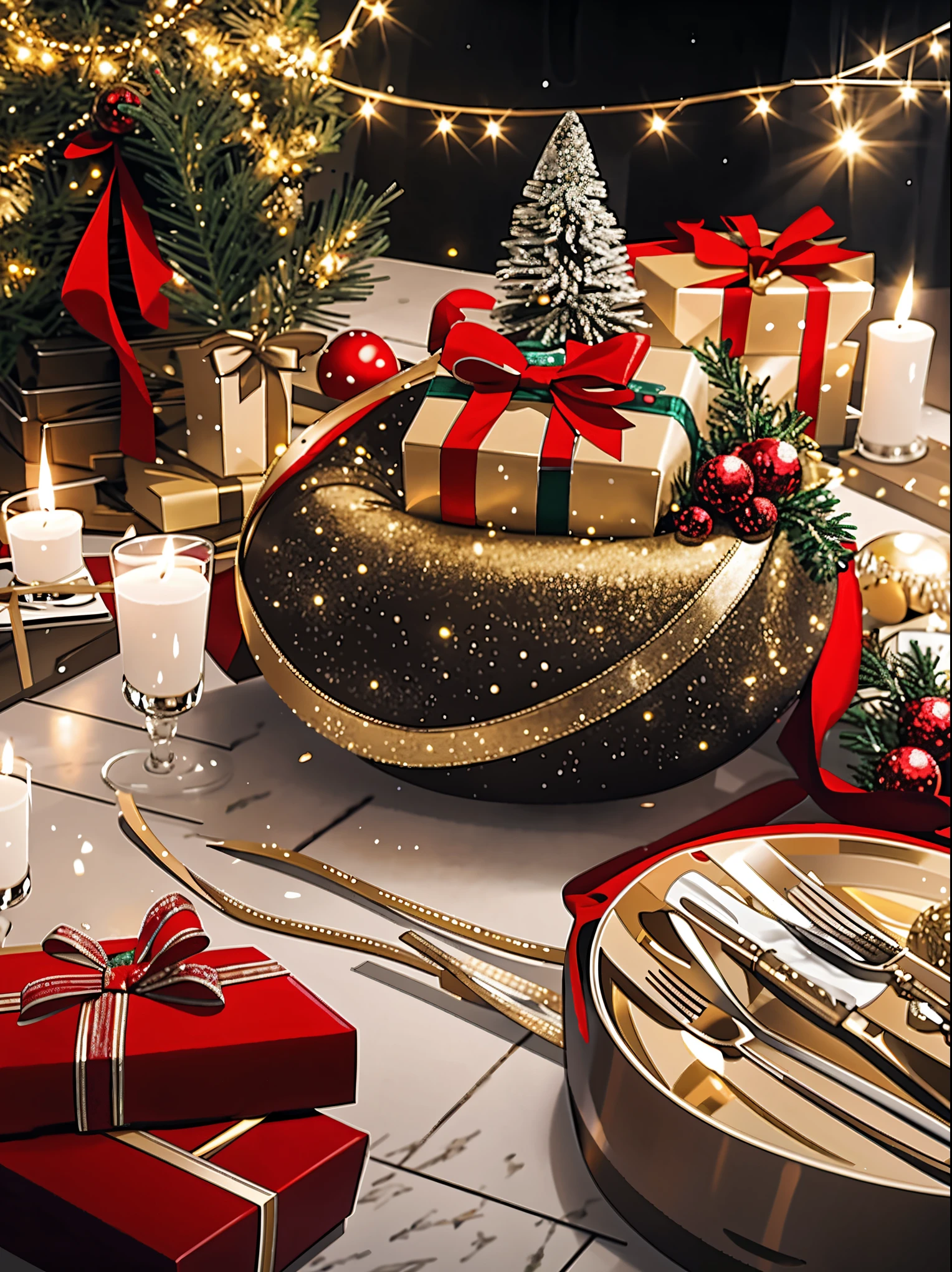 (best quality,4k,8k,highres,masterpiece:1.2),ultra-detailed,realistic,gifts,table,Christmas tree,decorations,wrapping ,bows,ribbon,presents,holiday spirit,vibrant colors,warm lighting,cozy atmosphere,toys,cards,candles,snowflakes,joyful,celebration,exquisite details,exciting surprises,shiny ornaments,sparkling tinsel,beautifully wrapped,excited children,anticipation,festive mood,magical ambiance,delightful moment,wonderful memories,family gathering,cheerful faces,Christmas magic,extravagant,abundance of presents,HDR,UHD,studio lighting,ultra-fine painting,sharp focus,physically-based rendering,professional,vivid colors,bokeh.
