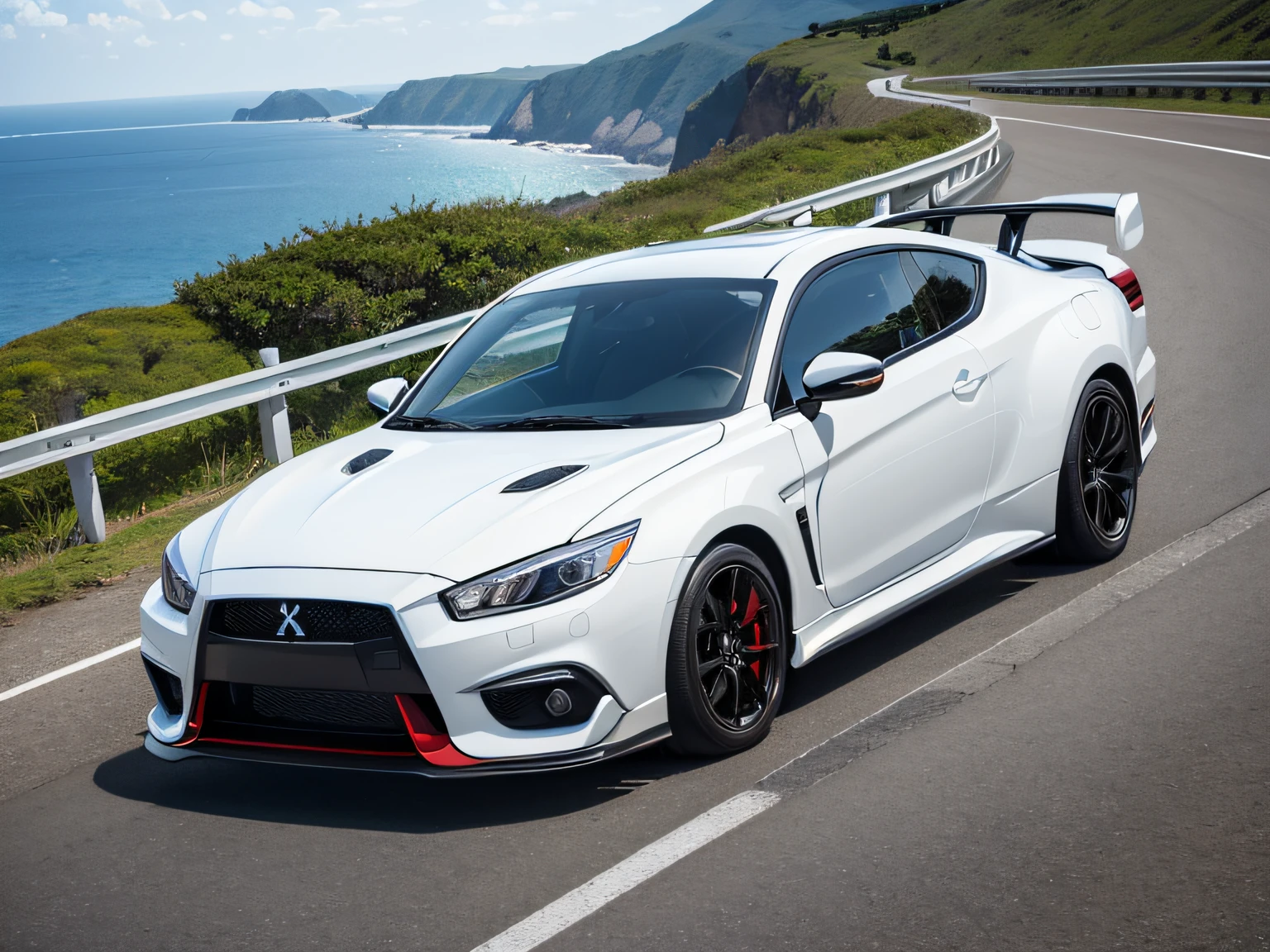 超A high resolution、An ultra-high picture quality、8K、Wonderful expression with attention to detail、early summer coastline、A white sports car stopped on a mountain road、 Mitsubishi Starion 2000 GSR-X Intercooler Turbo　sports coupe