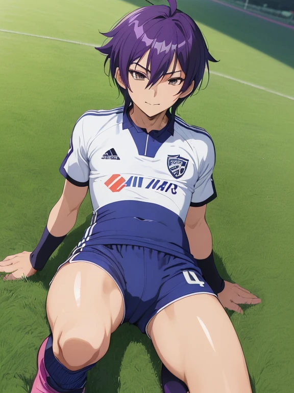 (((Official art,superfine illustration,hight resolution, masutepiece, best qualtiy,Best Quality,)))hightquality, detaileds, (A ),12 years oace striker male idol with a super cute face,A boy as beautiful as Planding, Cool handsome face with smile, blue soccer cleats, Long legs, thighs thighs thighs thighs, Foots, Bulge, (Purple hair、)、 Short,spiky hair、Shiny hair, (tight shiny white soccer uniform suit), (tight and shiny soccer shorts), (Soccer Socks), tussock, Cool pose, (thick thighs、Seduce your big ass to your crotch)、(((soccer field in the park)))、((cocky、))、Smirk、Spread legs,Ultra-fine painting, (Best Quality, 4K, 8K, hight resolution, masutepiece:1.2),(((Being aware of the sexual gaze of middle-aged gay men))).、Service Shots、