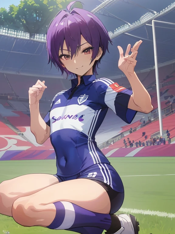 (((Official art,superfine illustration,hight resolution, masutepiece, best qualtiy,Best Quality,)))hightquality, detaileds, (A little boy),12 years old, A young ace striker male idol with a super cute face,A boy as beautiful as Planding, Cool handsome face with smile, soccer spike, Long legs, thighs thighs thighs thighs, Foots, Bulge, (Dark hair、shorth hair、Mashed perm hair) 、Shiny hair, (tight shiny purple soccer uniform suit), (tight and shiny soccer shorts), (Soccer Socks), tussock, Cool pose, (厚いthighs thighs thighs thighs、Seduce your big ass to your crotch)、(((soccer field in the park)))、((cocky、))、Smirk、Spread legs,Ultra-fine painting, (Best Quality, 4K, 8K, hight resolution, masutepiece:1.2),(((Being aware of the sexual gaze of middle-aged gay men)))、Service Shots、
