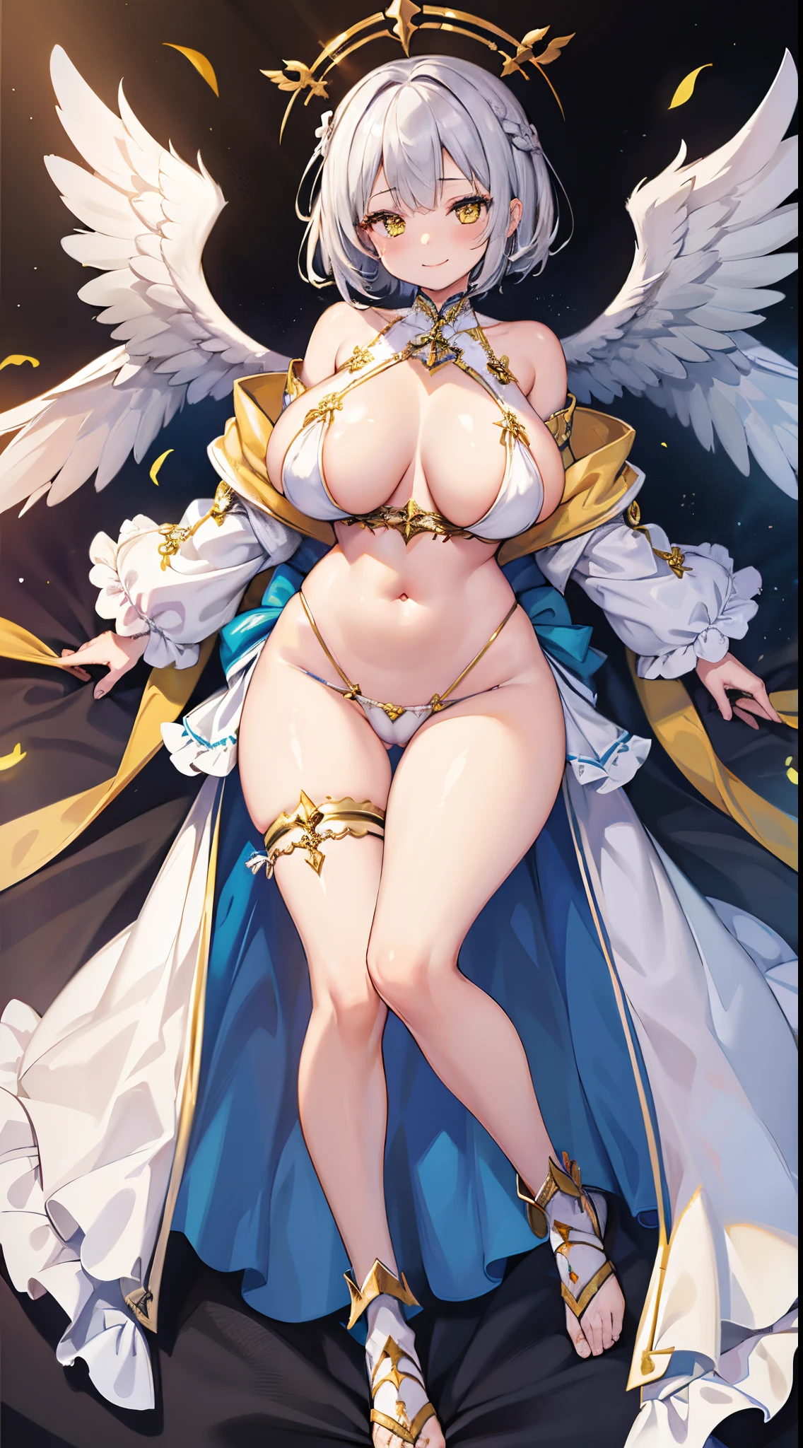 1 girl, game cg, priestess clothes, yellow, angel wings, sideboob, under boob, belly button visible, thighs, loincloth, gigantic breasts, silver hair, short hair, french braid, yellow eyes, dakimakura, full body, smile ,blush ,