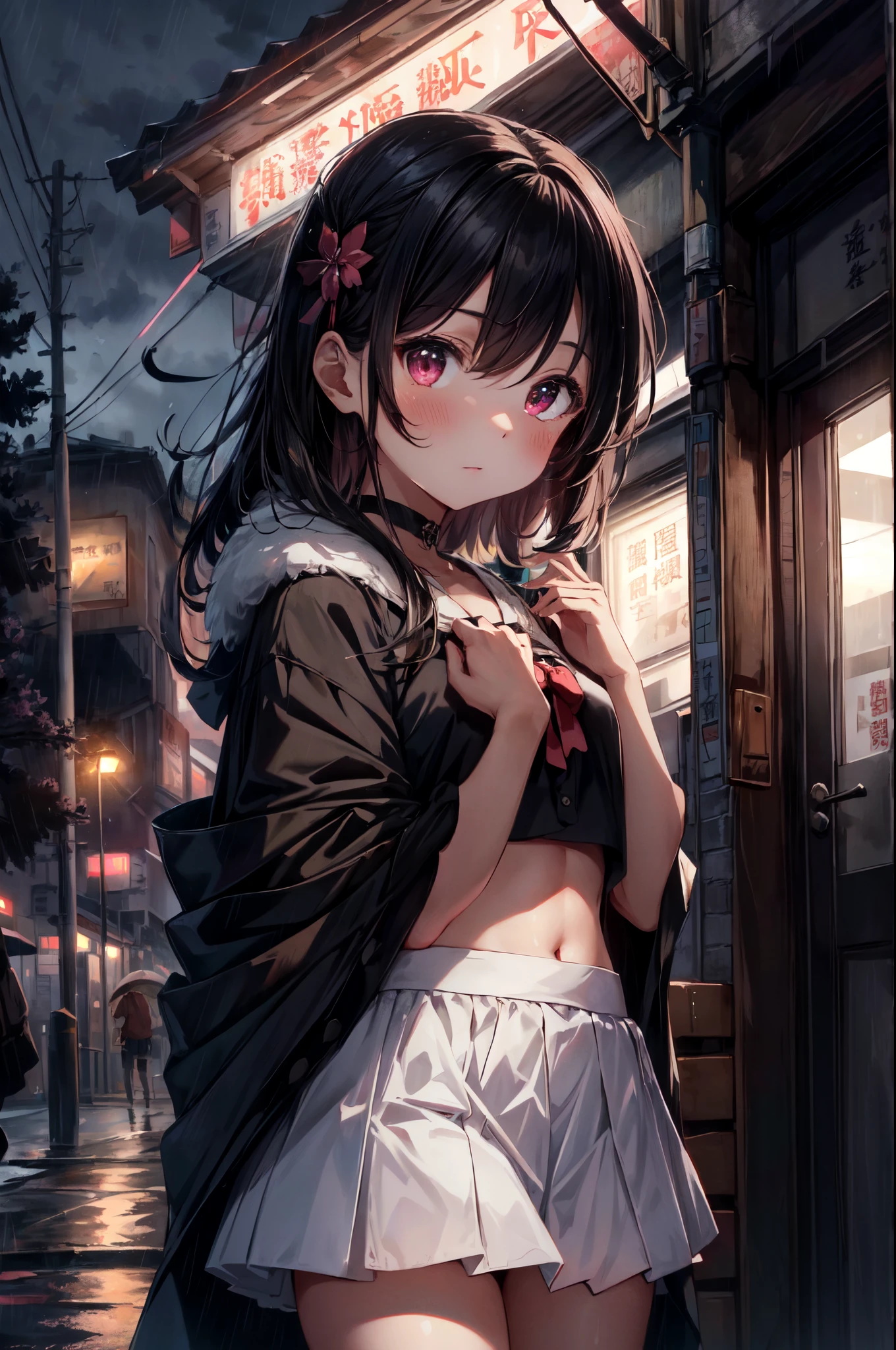 {{{tmasterpiece}}}, {Extremely Delicately Beautiful}, (Alone:1.5), (Best quality at best:1.2), (超高分辨率, realistically, RAW photogr:1.4), 8K, 电影灯光, beautiful light up, profesional lighting, physically-based renderingt, フォトンマッピング, Radio City, Detailed and complex, detailface, Face highlights, Slim, white skinned, largeeyes, 1 Sister, , black hair color long hair, 城市,Corner store ,(Many cherry blossom trees),Crop top, (Pink fur edge cloak,short blouse,short skirt,white garters), look at another, staredown, choker necklace, dark cloude,rainy sky,the street lights,
