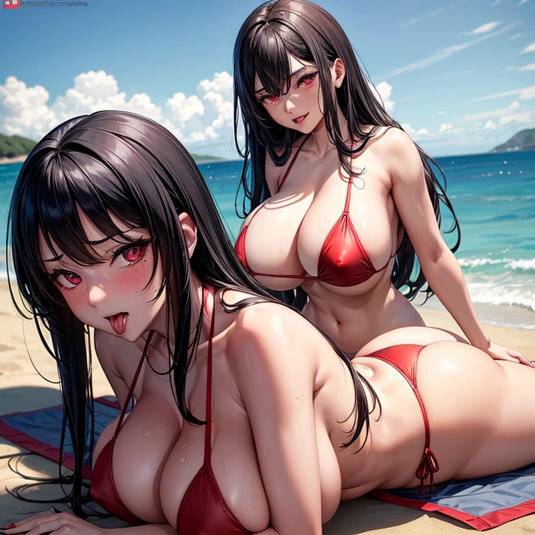 NSFW: seductive 25yo girl, black hair, boob focus,seductive poses,naked,curvy,lustful, extremely large boobs, large butt,really sweaty,large red eyes,looking down pitifully,sticking tongue out seductively,vagina in frame,on beach, sweaty, holding boob, red bikini on,tired,eye bags